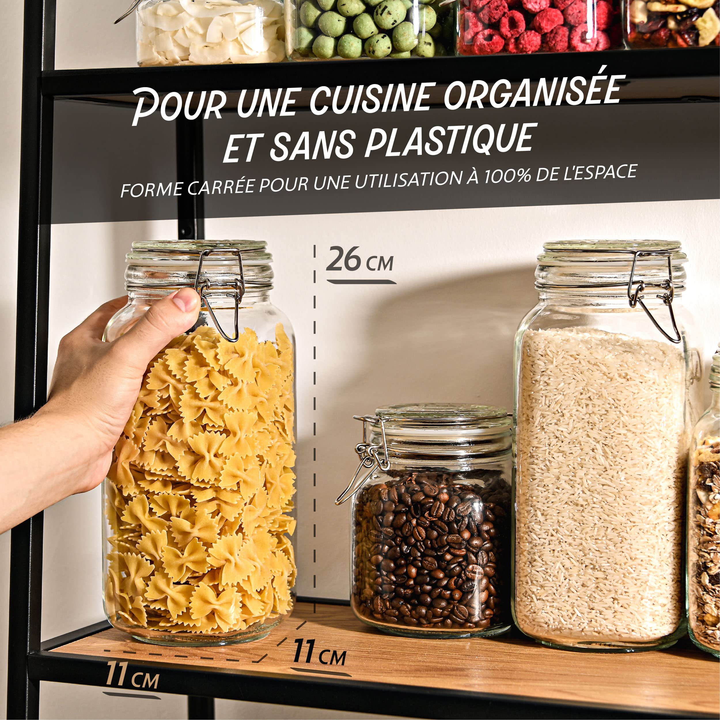 Praknu 3 Bocaux en Verre Hermétiques Grands de 2l - Avec Étiquettes, Marqueur et Joints de Rechange - Gain de Place grâce à leur Forme Angulaire