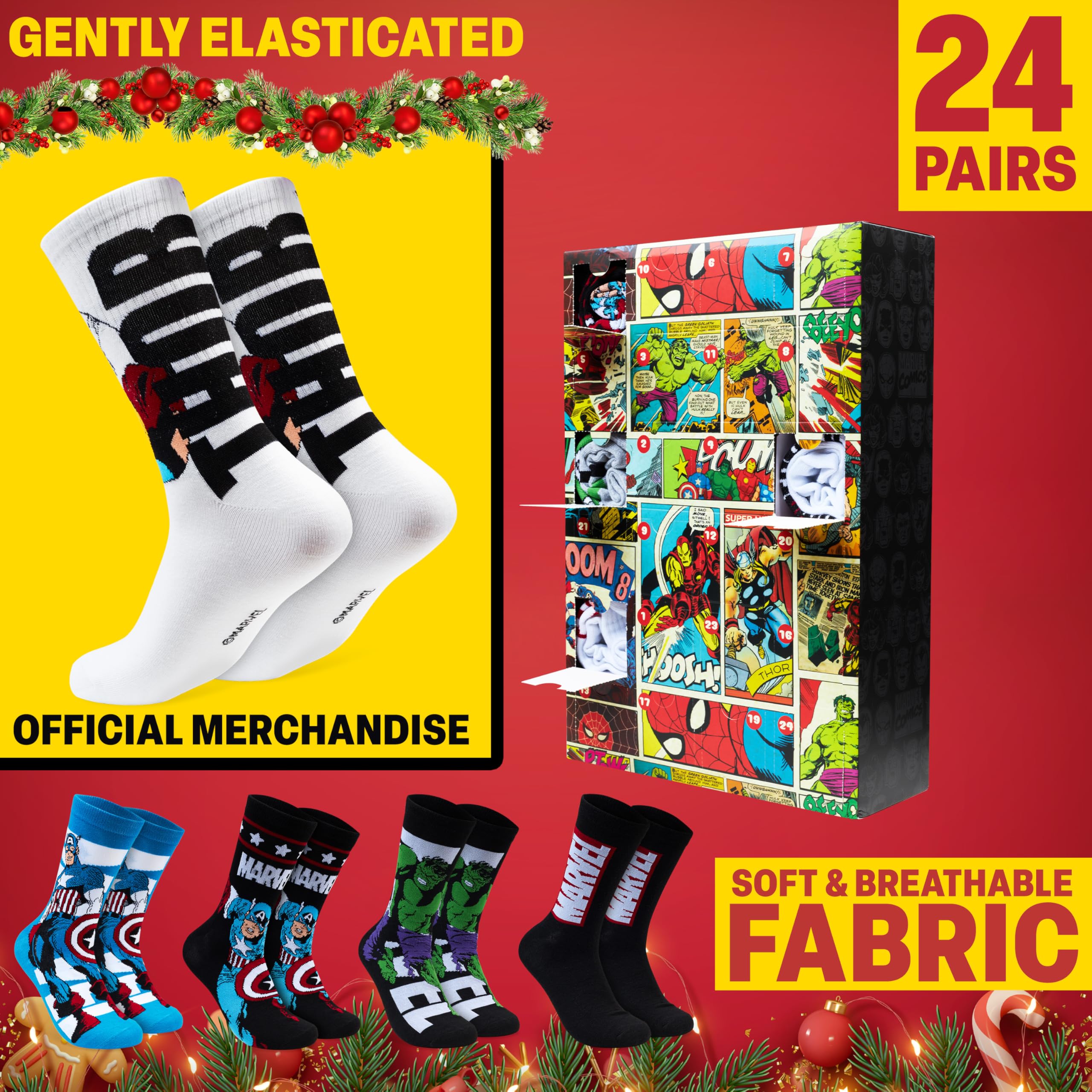 Get Trend Marvel Calendario Adviento 2025 con 24 Calcetines Hombre, 41-45, Diseños de Superhéroes Spiderman, Hulk, Thor y Más, Regalo Friki Hombre