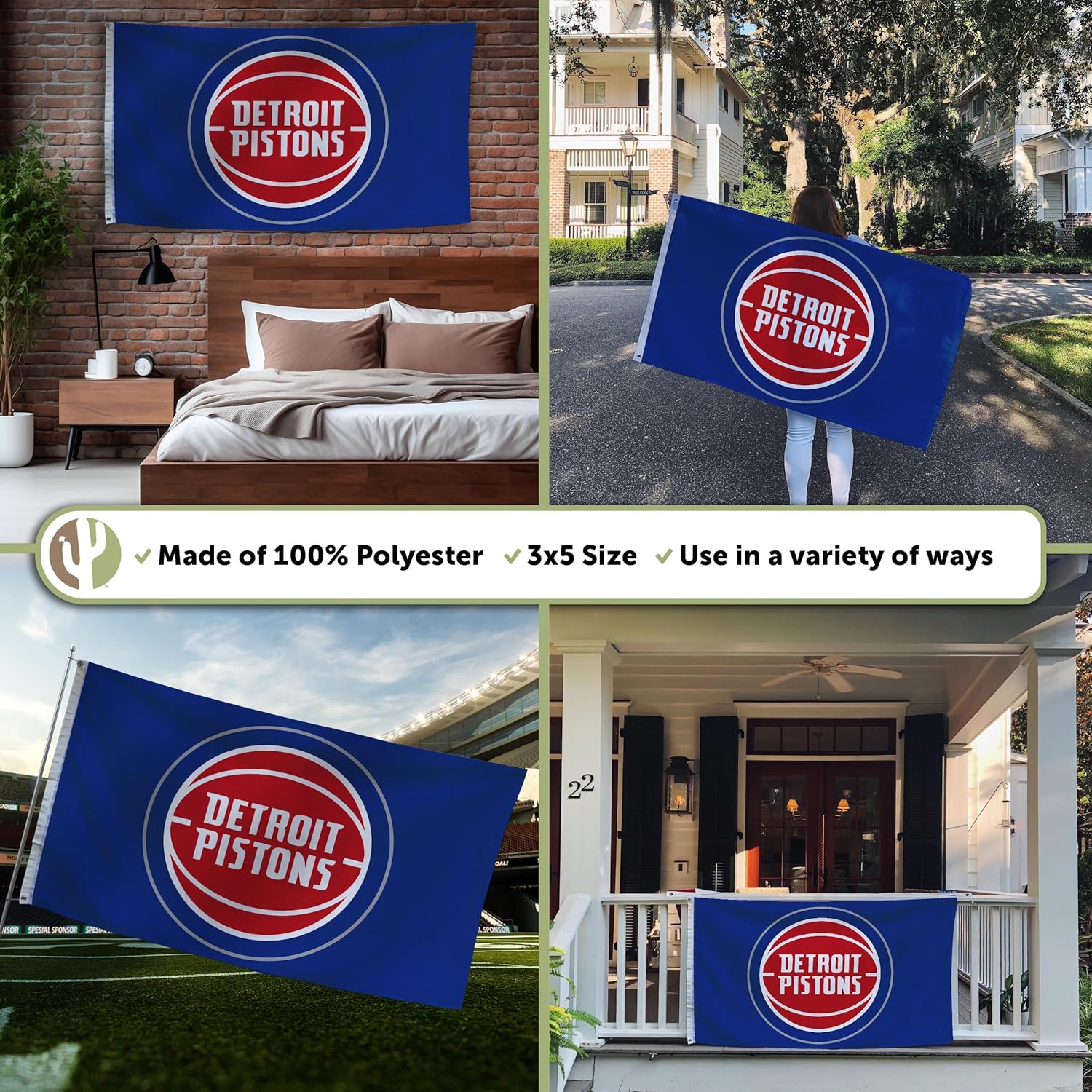 Desert Cactus Detroit Pistons Flag NBA 100% Polyester Indoor Outdoor 3x5 feet National Basketball Association Team Flags (Flag #1)