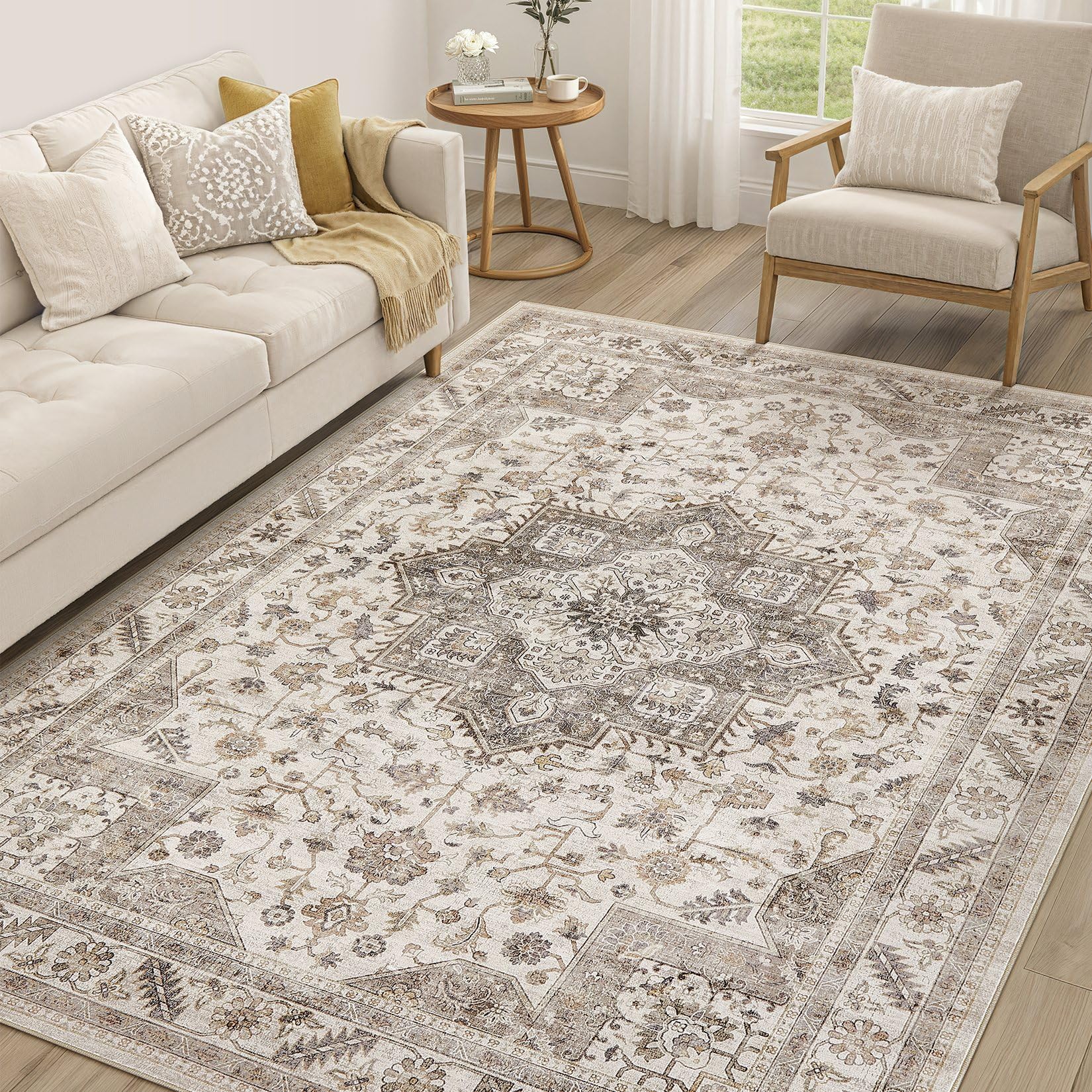 Vintage Living Room Area Rug 5x8 - Large Soft Washable Oriental Traditional Distressed Farmhouse Rugs for Bedroom - Indoor Floor Accent Carpet for Home Office House Decor - Light Brown