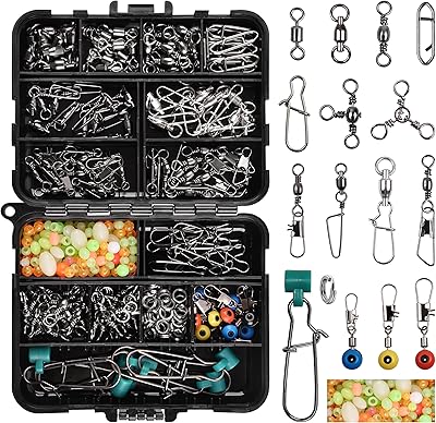 OROOTL Fishing Swivels Kit, 205pcs Fishing Accessories Tackle Box with Barrel Swivel Ball Bearing Swivel Snap 3 Way Swivel Sinker Slide Duo Lock Snap Beads Saltwater Freshwater Fishing Connector