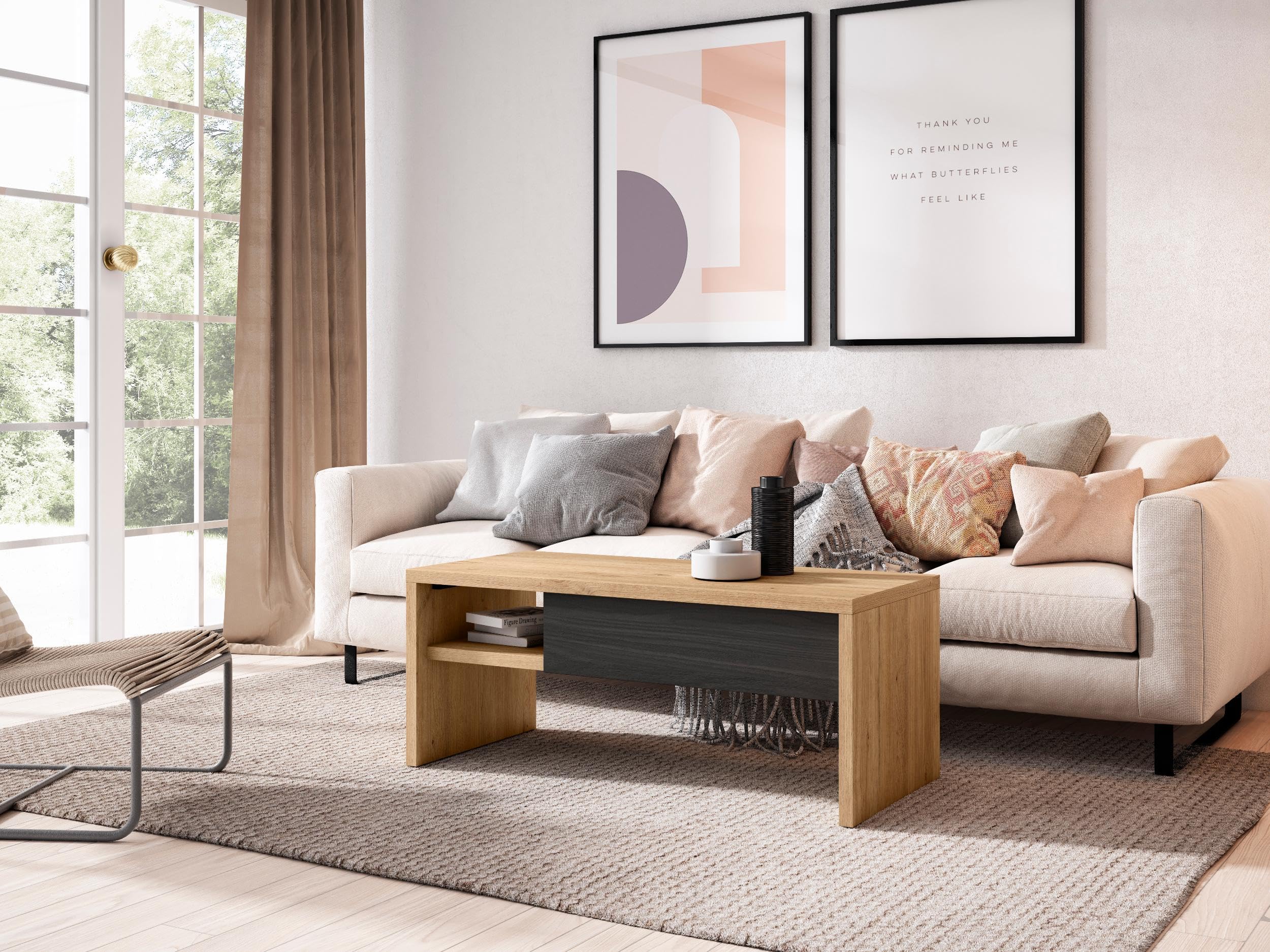 Skraut Home | Mesa de Centro Elevable | Mesa Auxiliar Salón Comedor | 110x50x45 cm | Mesa de Comedor | Estilo Moderno | Roble y Negro