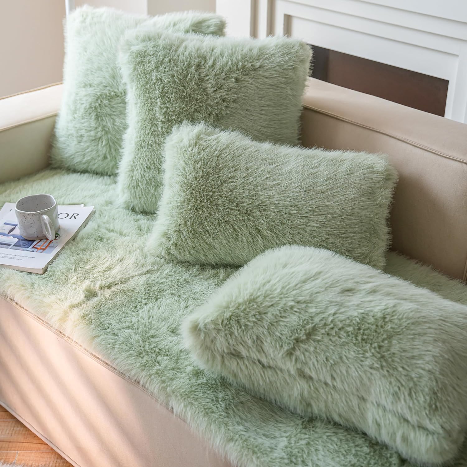 Neelvin Green Faux Fur Cozy Fluffy Double-Sided Decorative Throw Pillow Covers 16x16 inch Set of 2,Velvet Pillowcase Cushion Case for Sofa Couch