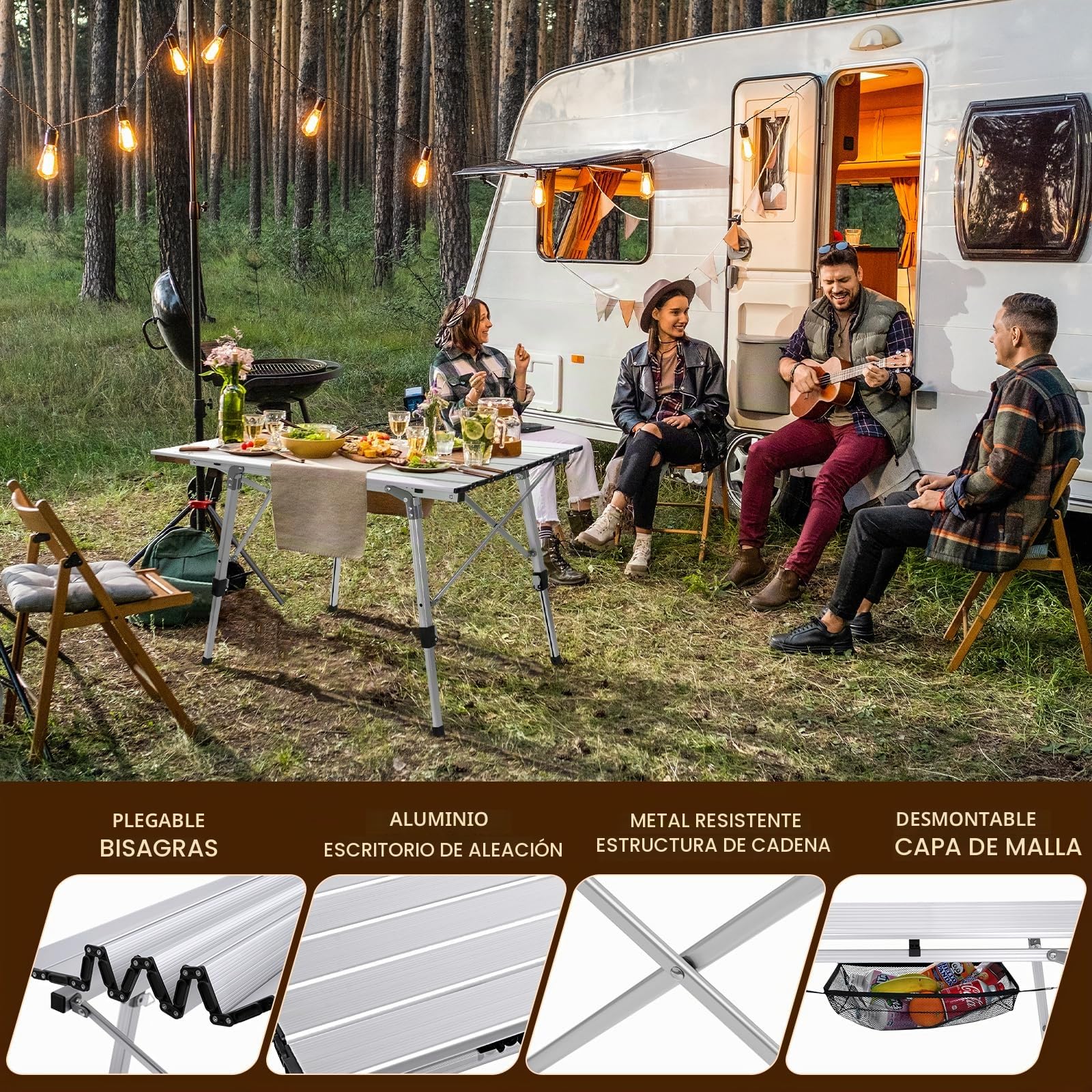 Sportneer Mesa plegable de camping al aire libre, mesa de picnic portátil con altura ajustable, capa de malla, mesa plegable de camping con mesa enrollable de aluminio para campamento, cocina, jardín