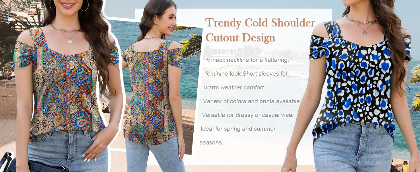 Blingfit Women's Cold Shoulder Top - V-Neck Short Sleeve, Loose Fit, Ruffled Summer Blouse - View #5