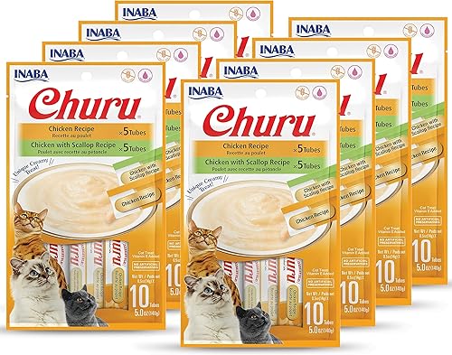 INABA Churu - Golosinas para gatos, puré cremoso exprimible sin granos, para lamer y exprimir, con vitamina E y taurina, 0.5 onzas cada tubo, caja