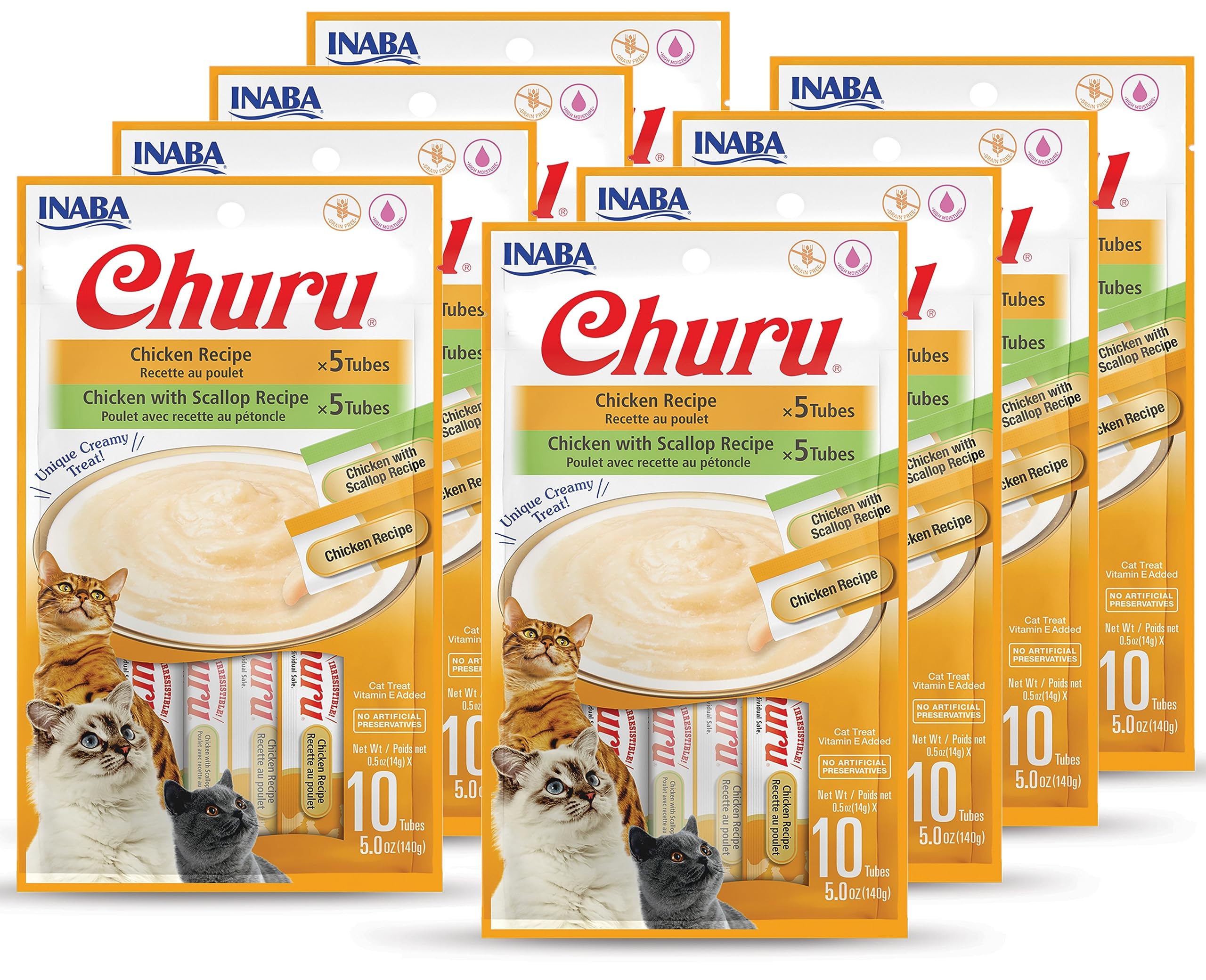 INABA Churu Cat Treats, Grain-Free, Lickable, Squeezable Creamy Purée Cat Treat/Topper with Vitamin E & Taurine, 0.5 Ounces Each Tube, 80 Tube Variety