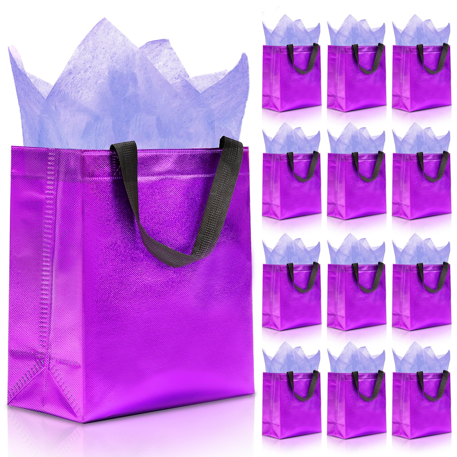 KeerxunBag 12pcs Reusable Gift Bags（Includes Tissue Paper） Gift bag with handle Birthdays Parties Holidays Weddings Medium 10x4x8in purple Gift Bags