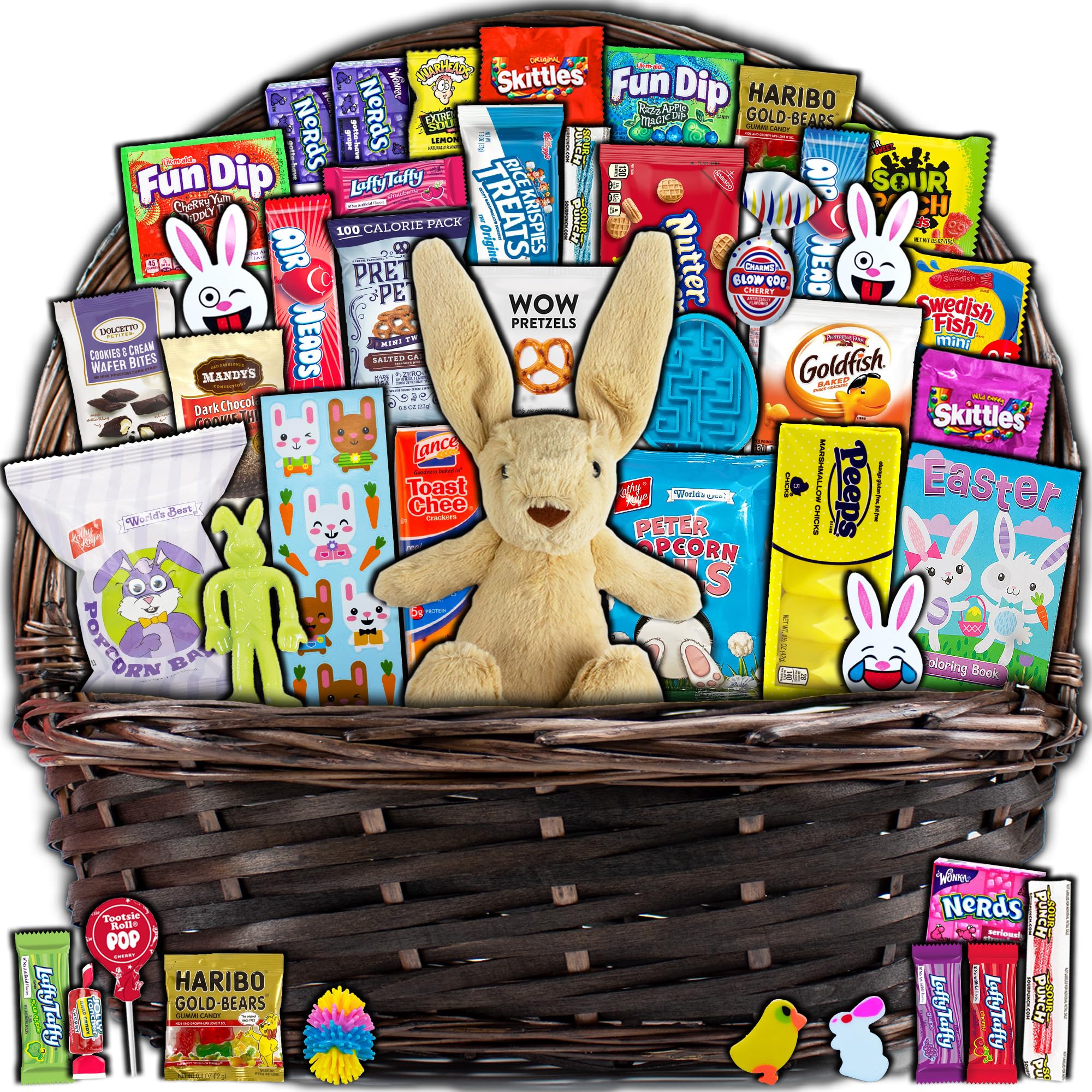 Brown Easter Basket for Kids and Adults (45ct) Already Filled Easter Gift Basket with Plush Easter Bunny, Candy, Snacks, and Treats - Boys, Girls, Grandchildren, Young Children, Toddlers, Men, Women