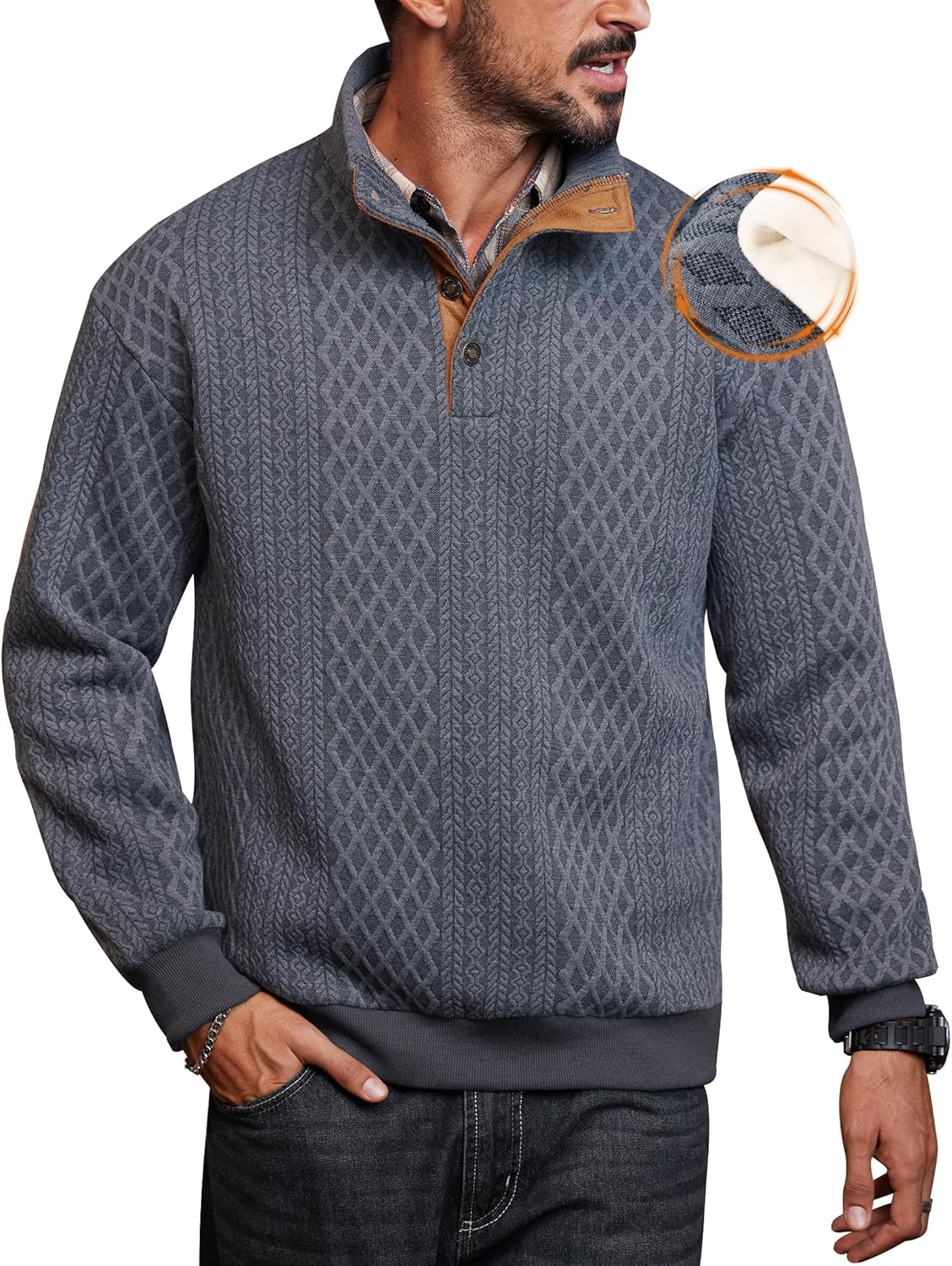 Men's Textured Thermal Sweatshirt Heavyweight Fleece Lined Pullover with Elbow Patches (S-XXL)