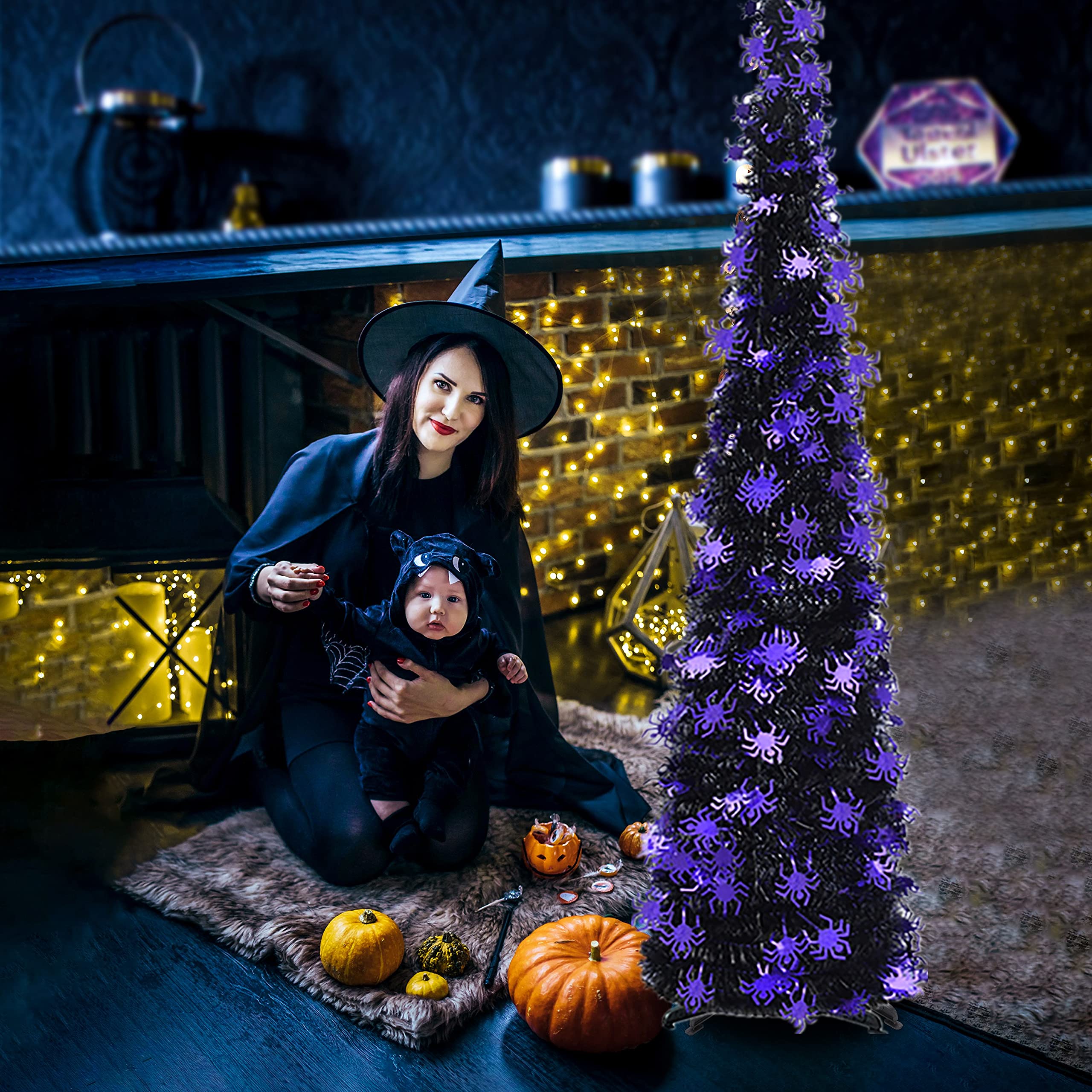 Fonder Mols Halloween Black Tinsel Tree w/ Purple Spiders, 5ft Collapsible Pop Up Artificial Spider Pencil Tree for Home Fireplace Front Door Party Decor Indoor Outdoor