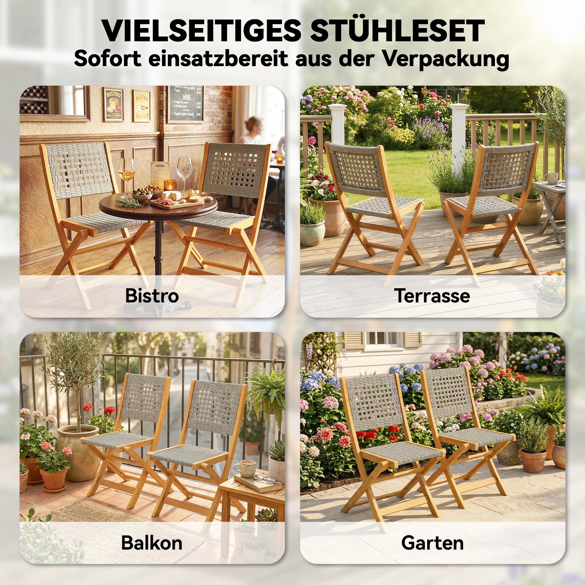 Outsunny Gartenstühle 2 Stück FSC Akazienholz Klappstuhl mit Atmungsaktiv Sitz angenehme Sitzhöhe, Gartensessel aus Massivholz & Polyrattan Balkonstühle Stuhlset für Garten Balkon Terrasse Grau