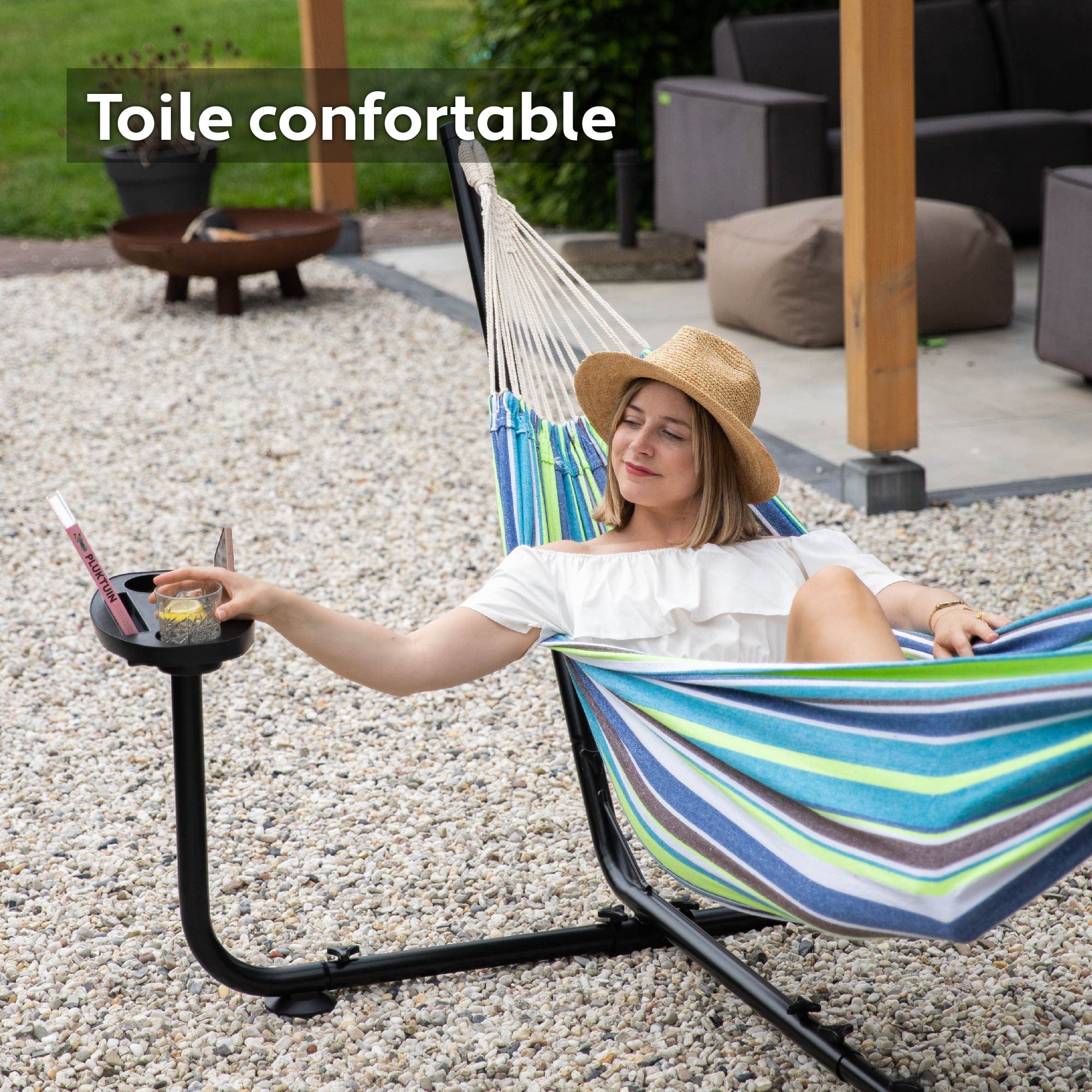 Vita5 Hamac avec Support – Support Réglable 290 à 330 cm – Grand Hamac en 80% Coton et 20% Polyester pour Jardin, Terrasse, Balcon et Camping – avec Sac de Transport