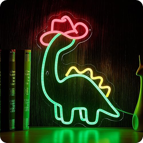 Letrero de neón de vaquera con diseño de vaquera, diseño de rana, letrero de neón con texto en inglés "Let's Go Girls" (dinosaurio verde)