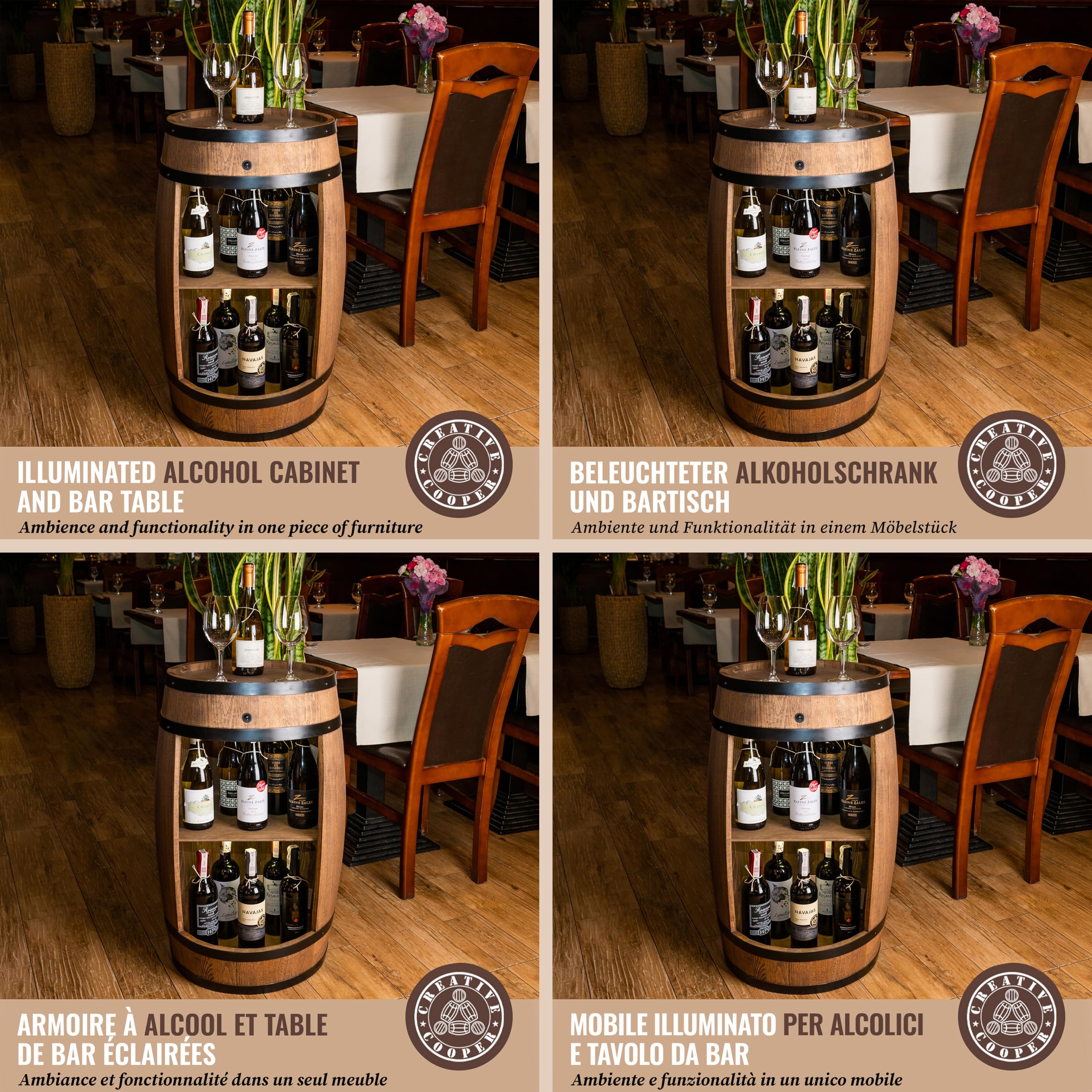 CREATIVE COOPER Drewniana beczka, bar domowy z diodami LED – szafka na wino w stylu retro – beczka na wino – drewniany regał na wino – drewniany bar o wysokości 80 cm – eleganckie meble, dekoracja salonu – beczka