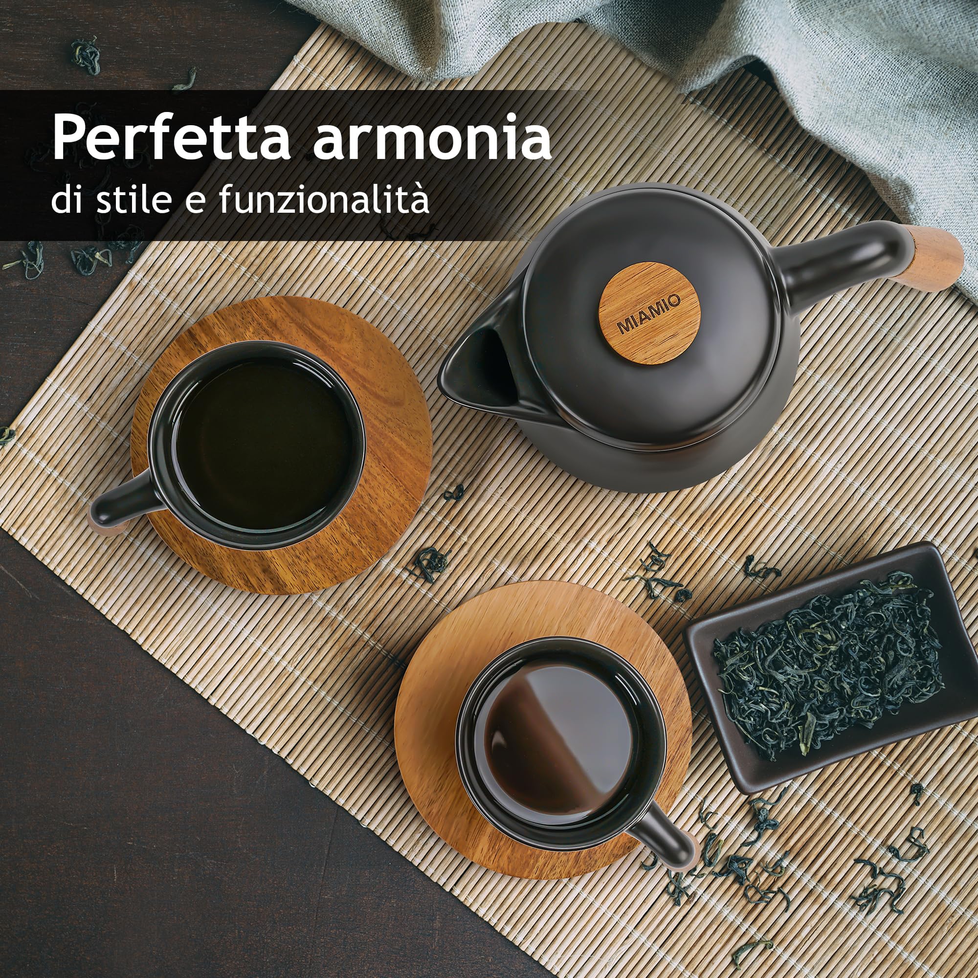 MIAMIO - Set di teiere in ceramica da 1000 ml con infusore e tazze/colino per il tè, 4 tazze da tè in ceramica (300 ml), piattini in bambù/manico per casa e ufficio (Nero)