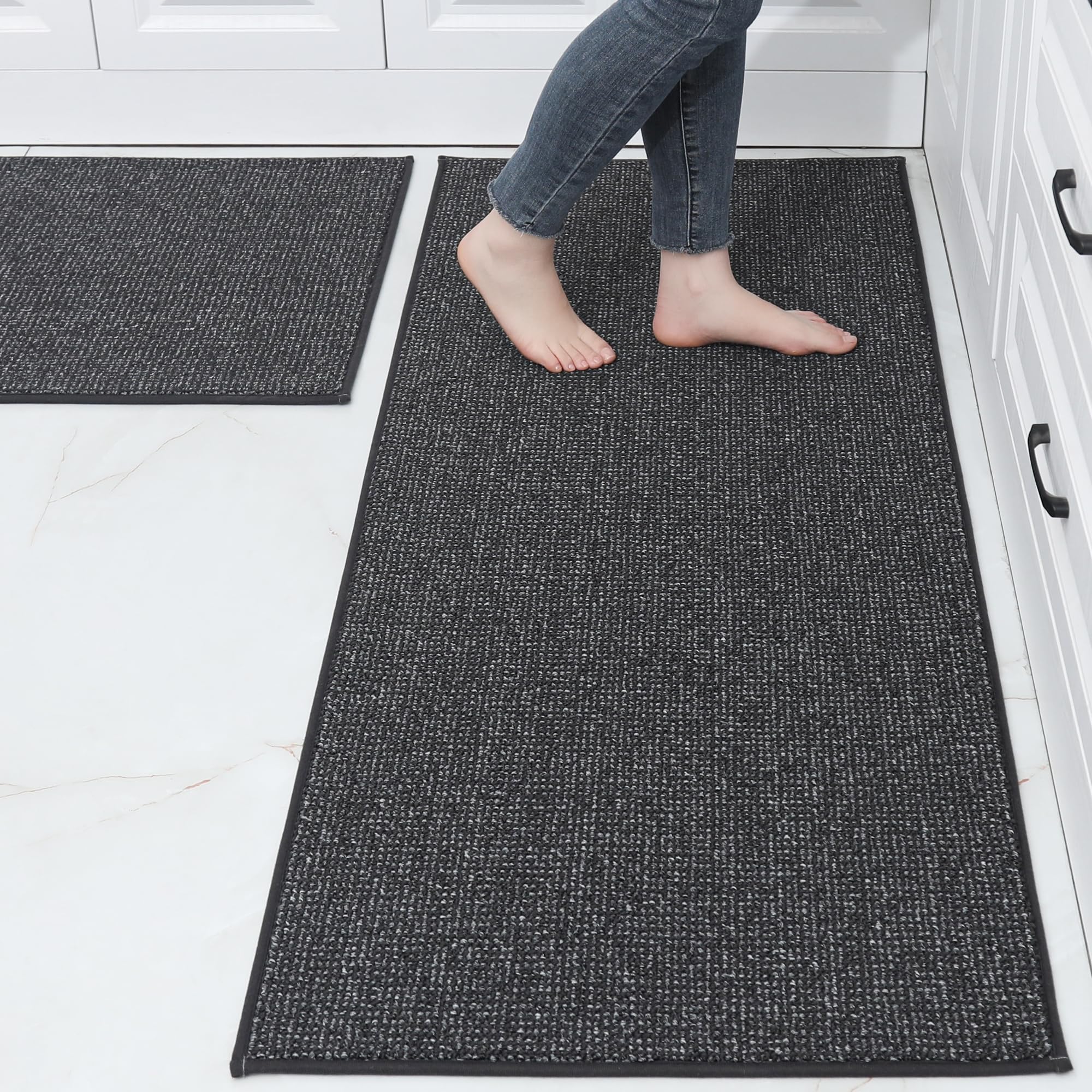 BEQHAUSE Kitchen Rugs and Mats 2PCS, Non-Slip Kitchen Mats for Floor, Absorbent and Stain Resistant Kitchen Runner, Machine Washable Rugs for Kitchen, Laundry & Sink, 24"x35"+24"x60", Charcoal