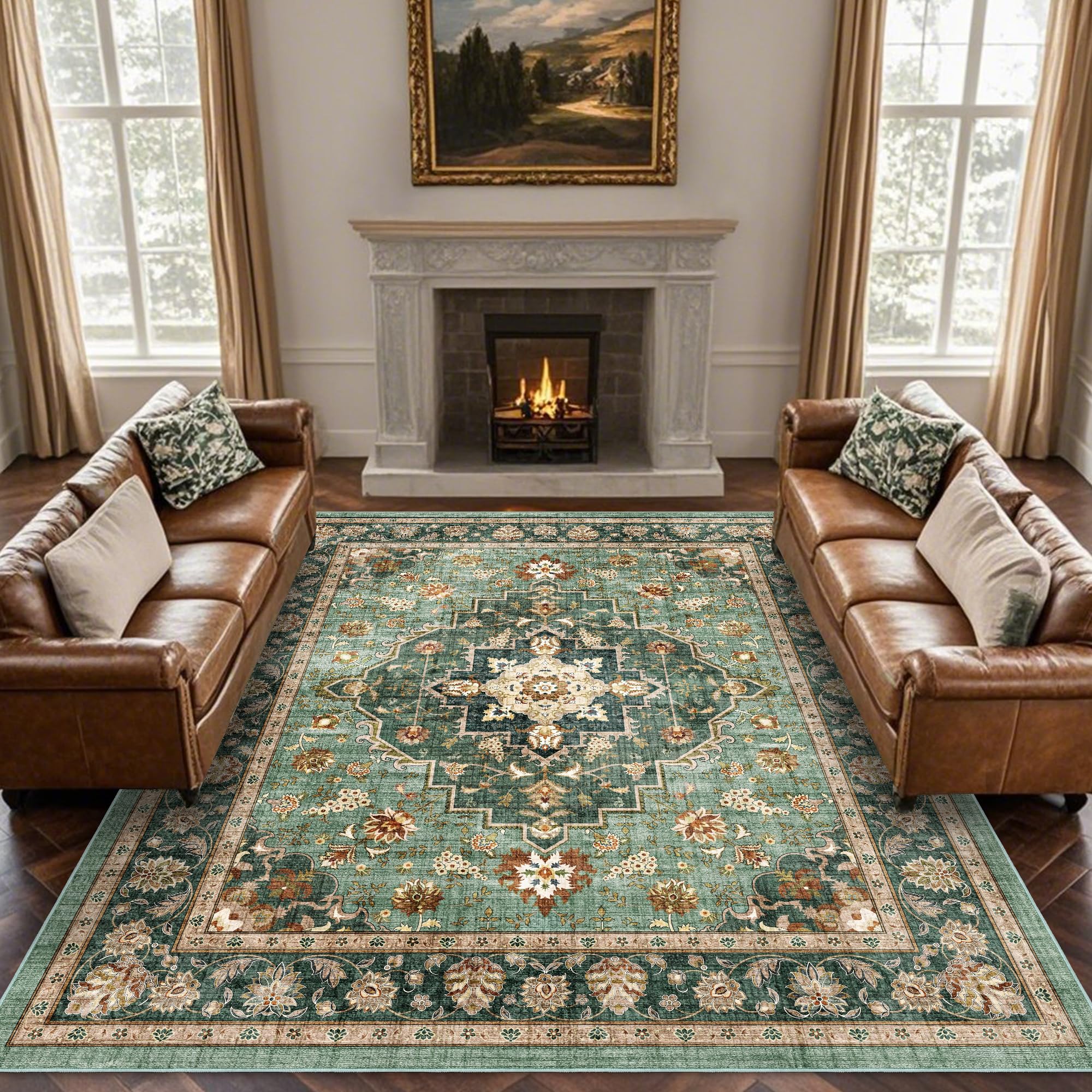 Brevonox Area Rug for Living Room - Vintage Indoor Machine Washable Rug for Bedroom Dinning Room Floor - Soft Low-Pile Carpet Non-Slip Backing Floral