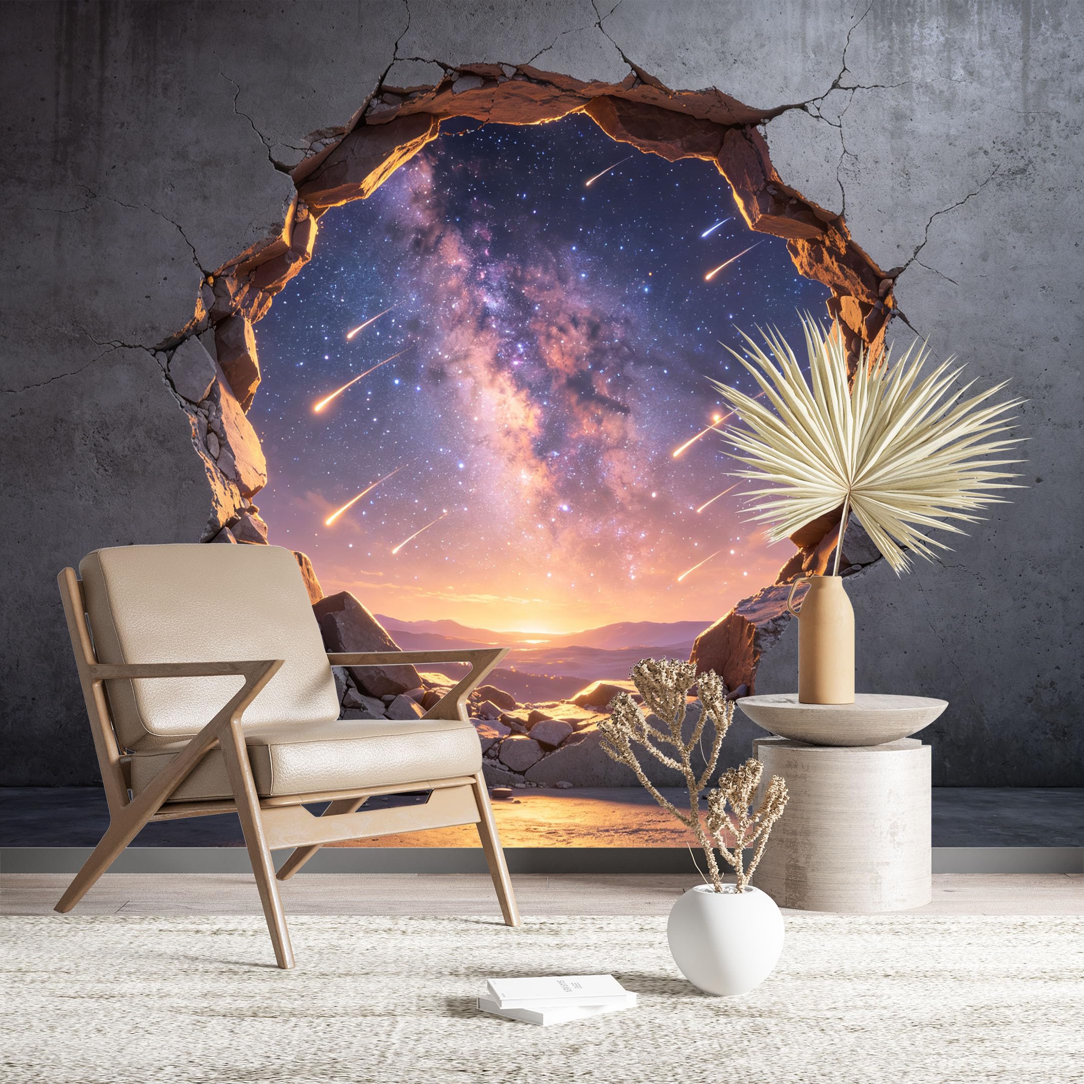 Custom Size Wall Murals Starry Sky with Meteors Seen Through Cracked Wall Wall Stickers Self-Adhesive Wall Fabric (NO PVC) Removable Wallpaper for Living Room Bedroom