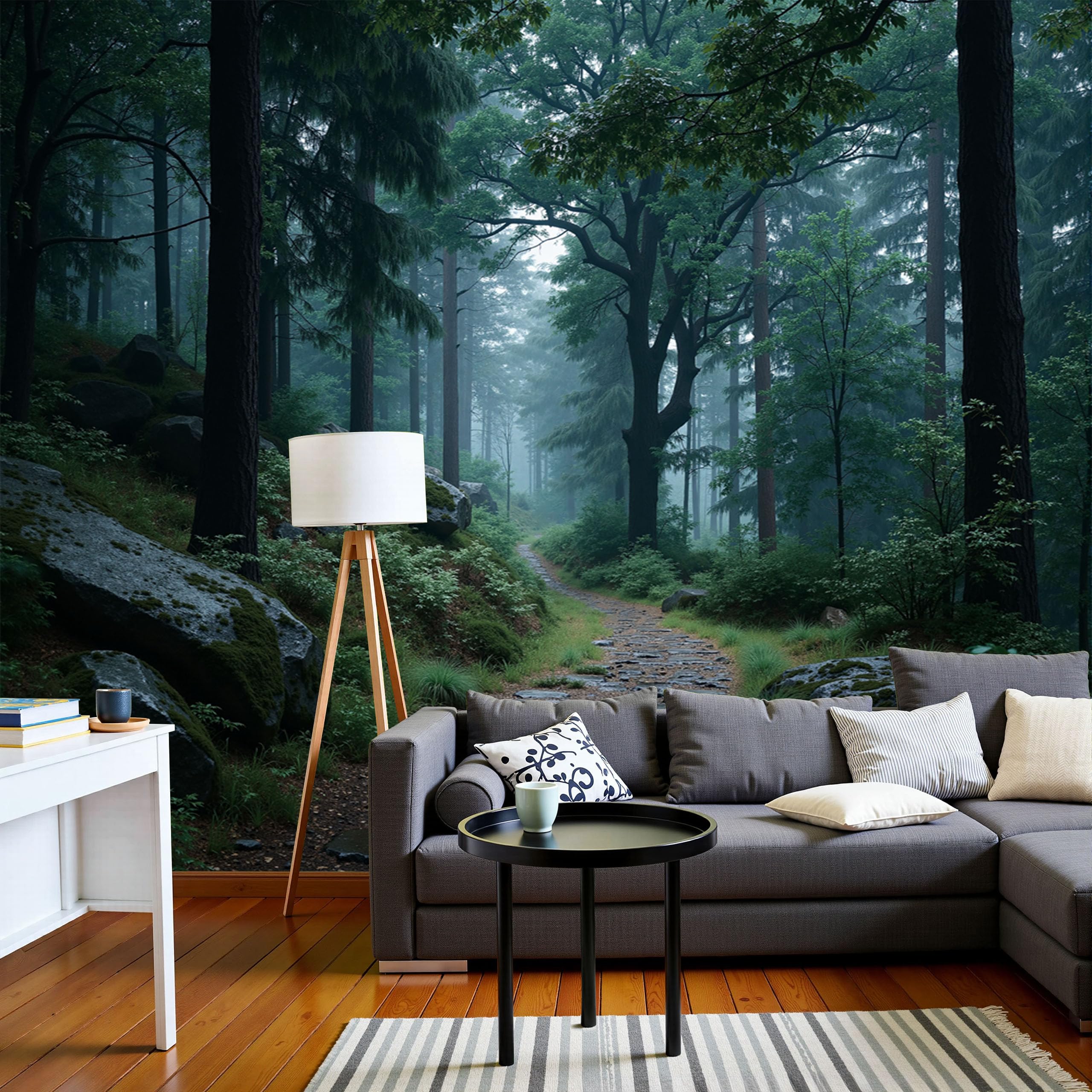 Papier peint 3D forêt brumeuse pour illuminer et agrandir un salon sombre