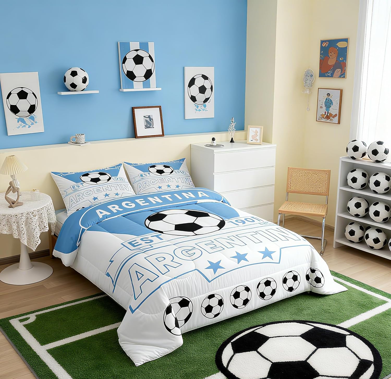 Feelyou Football Sport Bedding Set Twin Size Soccer Theme for Kids Boys Comforter Set Argentina Football Teens Duvet Set Blue White Quilt Set 2Pcs