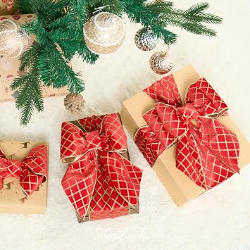 MAYREEL Red and Gold Christmas Tree Ribbon 4 Inch, Metallic Diamond Glitter Red Velvet Wired Edge Lattice Ribbon for Gift Wrapping, Floral Craft, Bows, Wreaths, Garland, Holiday Decor,10 yd | Metallic Diamond, Christmas Gift Wrapping, Floral Crafts, Bows, Wreaths, Garlands, Holiday Decoration