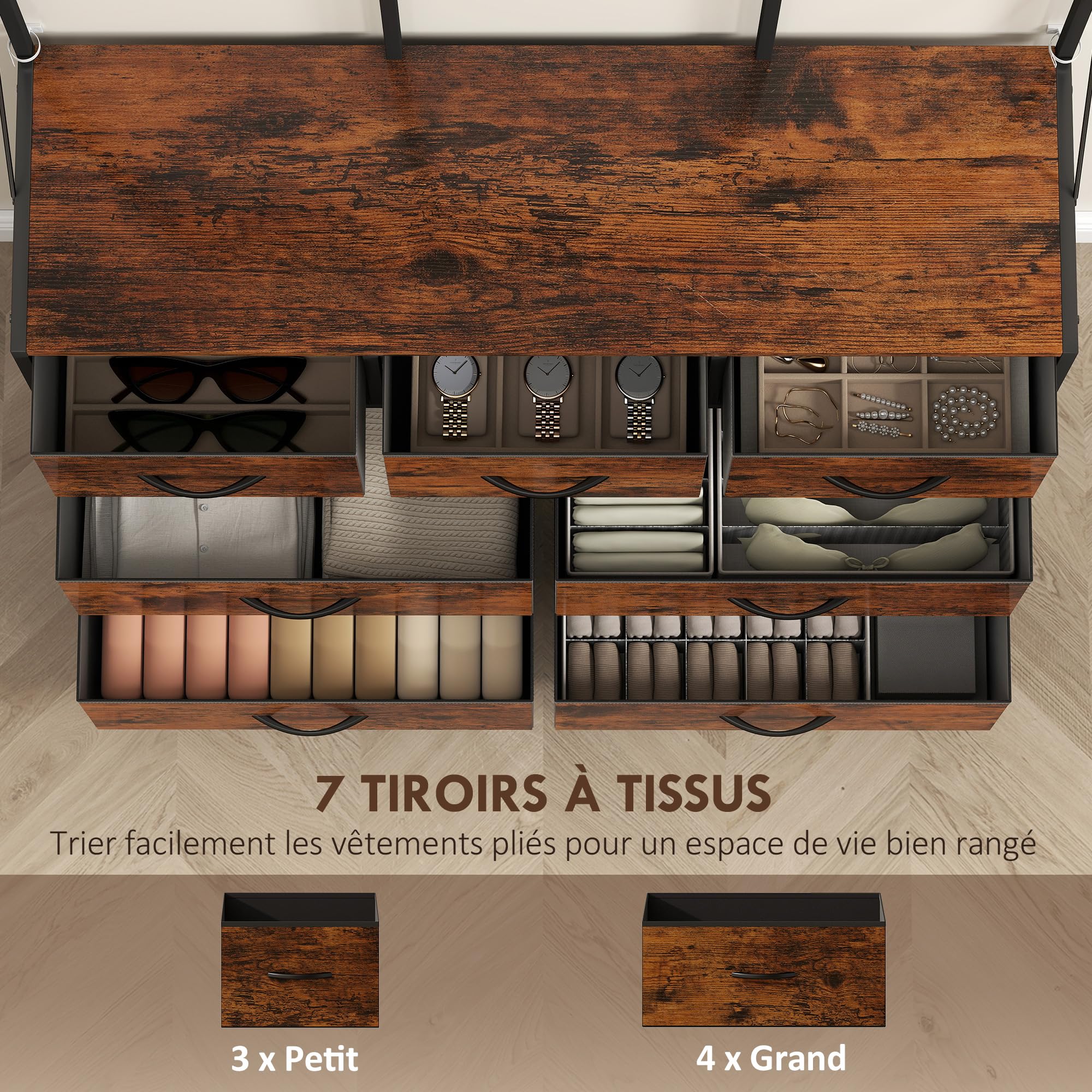 HOMCOM Meuble d'Entrée 4 en 1 Portemanteau Vestiaire Noir Brun Rustique | 7 Tiroirs Pliables en Tissu, 14 Crochets, Style Industriel, pour Couloir Entrée Chambre