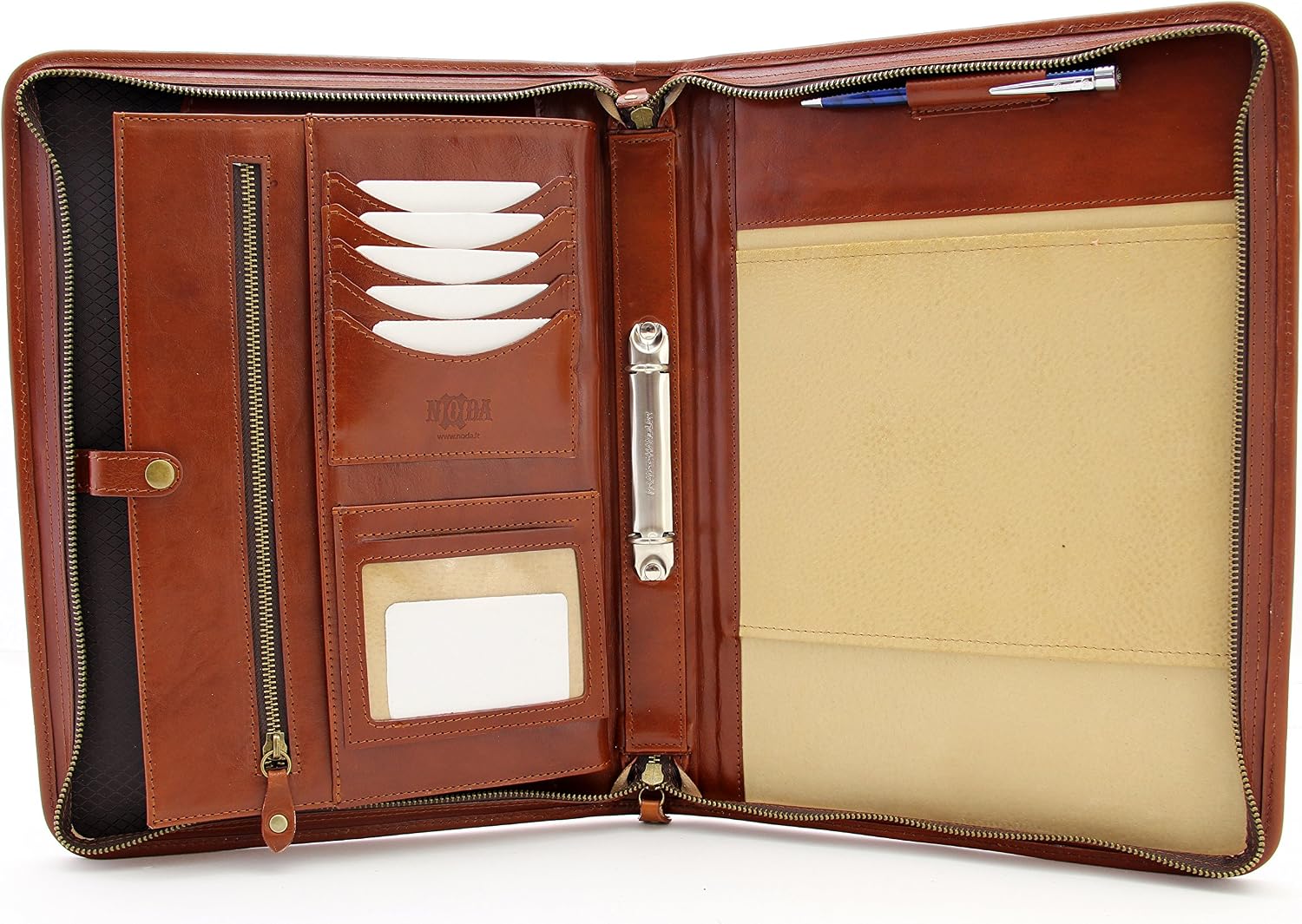 Noda Executive Leather Padfolio 2 Ring Binder Professional Business Portfolio w/Zippered Closure, Cognac
