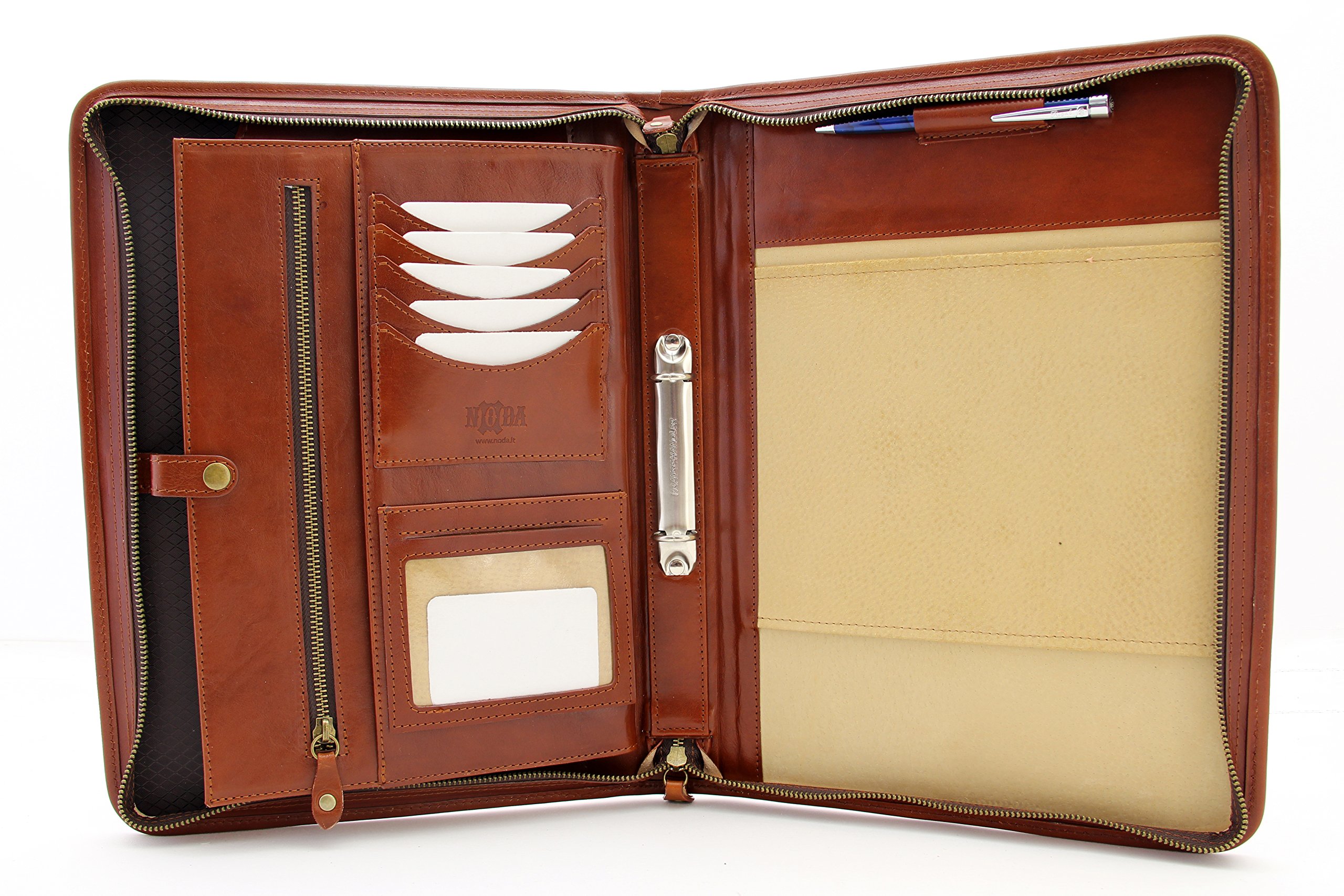 Portfolio aus italienischem Leder, A4-Ordner mit Reißverschluss, Padfolio 2-Ringbuch, Ledermappe mit Griff (Cognac)