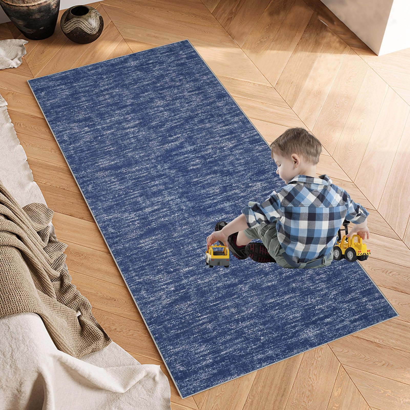 Dywan, bieżnik na korytarz, długi, antypoślizgowy, z krótkim włosiem, nadaje się do prania, chodnik kuchenny 80 x 380 cm, niebieski, dywanik do kuchni, dywanik nocny, do korytarza, sypialni, salonu