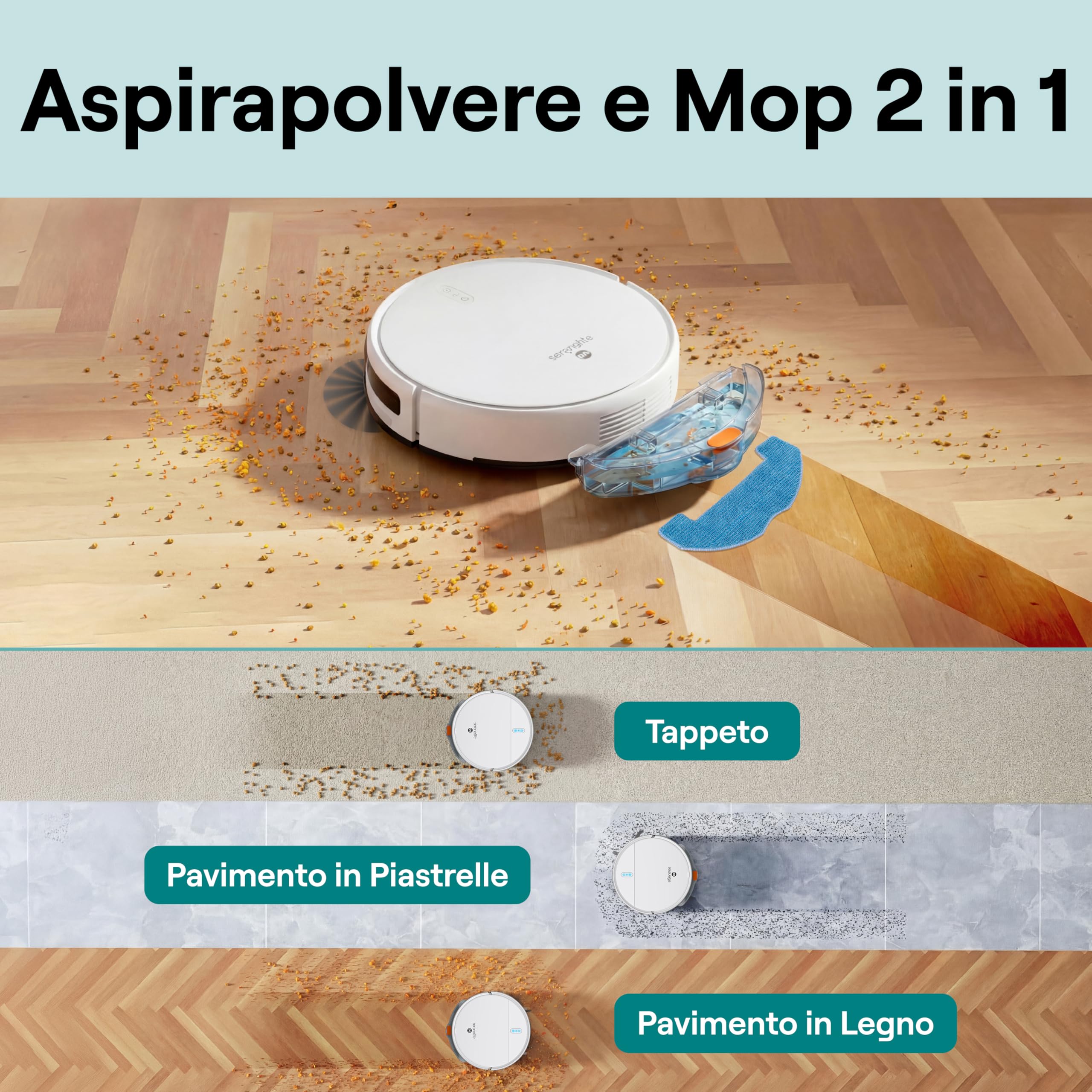SereneLife Robottino Aspira e Lava Pavimenti, Robot Aspirapolvere con Controllo App, 3 Modalita, Sensori Anti-Caduta, Auto-Ricarica, per Pelo Animali e Pavimenti Duri, Casa, Ufficio, Bianco