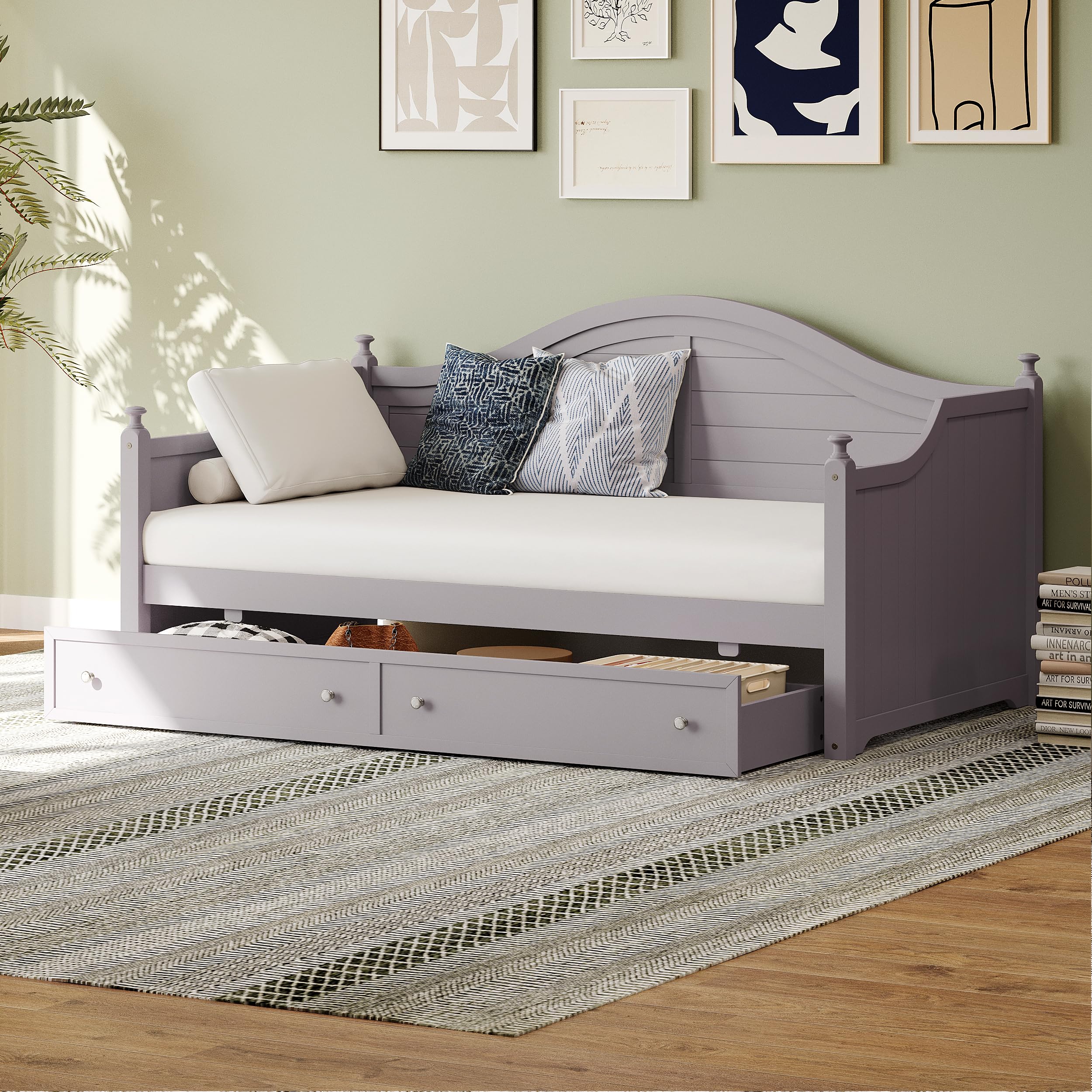 BEDGJH Twin Size Wood Daybed with 2 Storage Drawers for Living Room Bedroom (Light Grey)