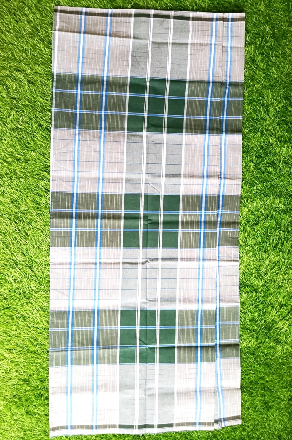 Premium Handloom Lungi, Cotton Stitched, 2.10 Meters, White and Green Checkered, Pack of 2