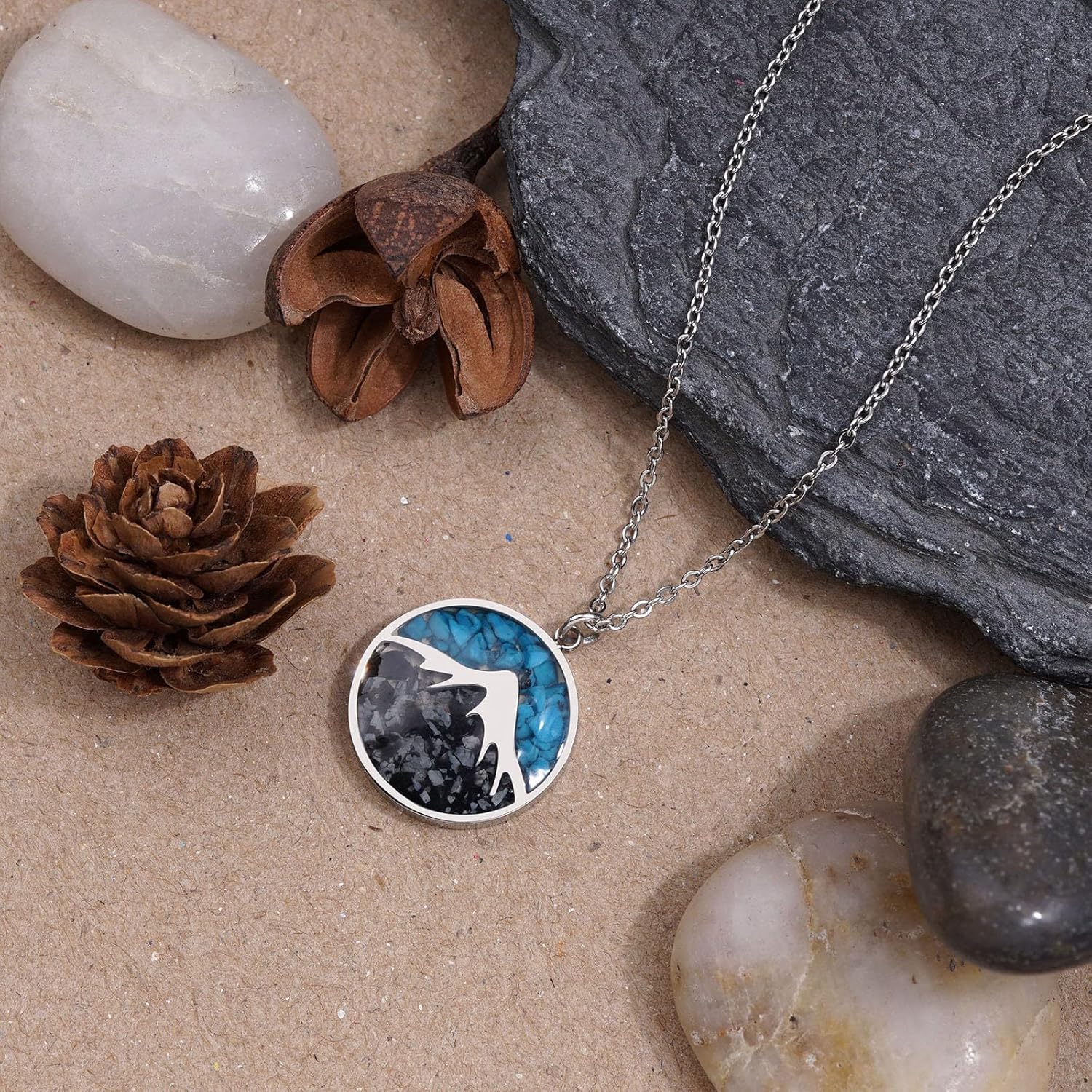 Lauren-Spencer Mountain Necklace for Women, Stainless Steel Pendant Necklace in Turquoise Sodalite Stone Chips, Dainty Nature Necklaces Jewelry Gifts for Skiers, Hikers, Campers, Climbers and Nature Lovers - Image 3
