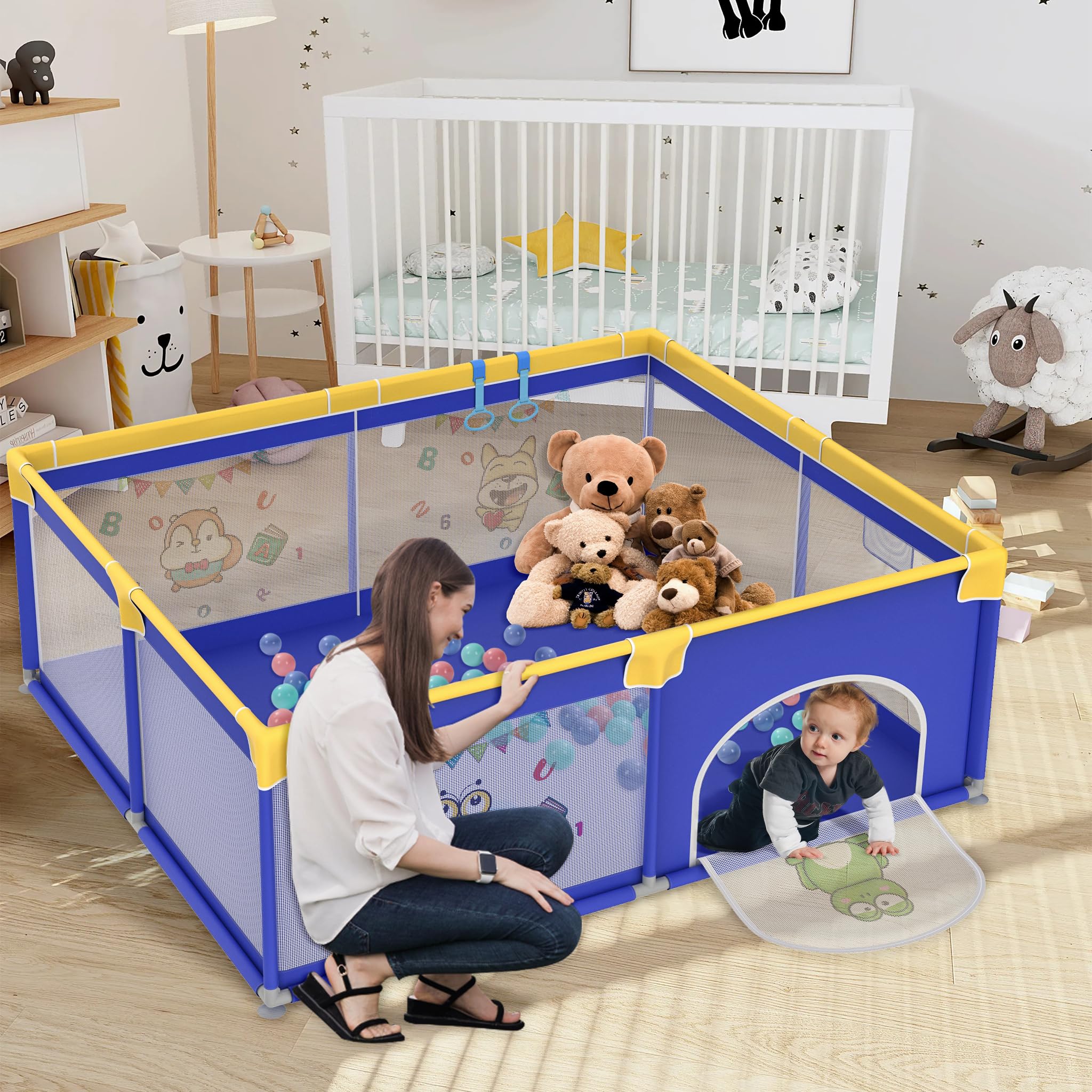 Froadp Kojec dla niemowląt Playpen, kojec dla dzieci z drzwiami, bezpieczny plac zabaw Oxford, kratka ochronna, z torbą do przenoszenia, piłkami i 4 pierścieniami do ciągnięcia (150 x 180 x 68 cm,