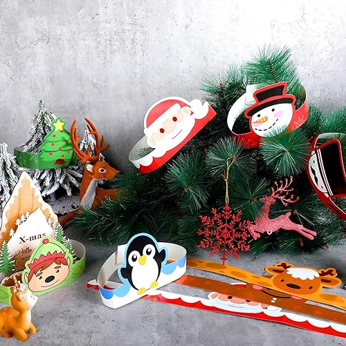 Miniatura 2 de Skylety 40 sombreros de fiesta de papel de Navidad para niños, ajustable, corona de papel, diadema, Papá Noel, elfo, reno, muñecos de nieve, hombre