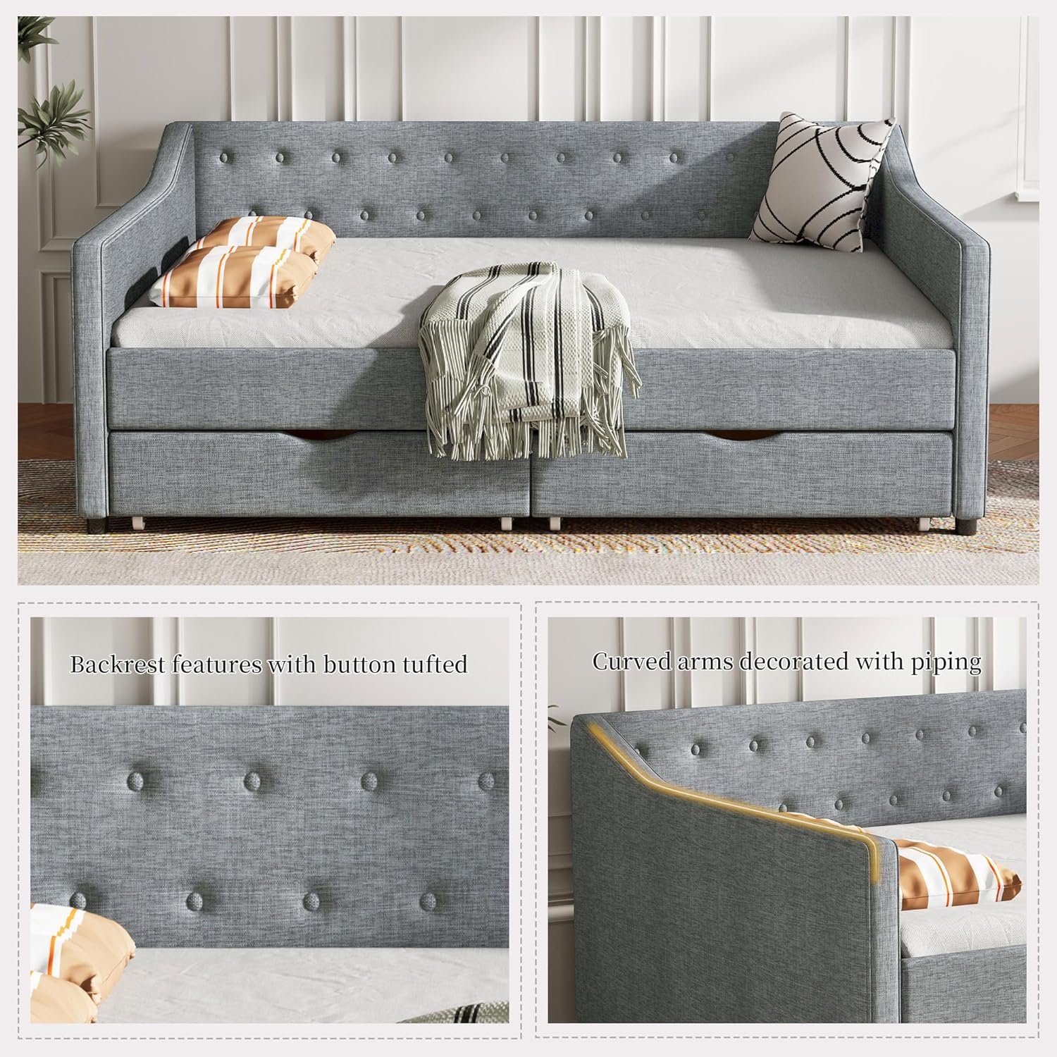 Daybed with storage drawers open and filled with items