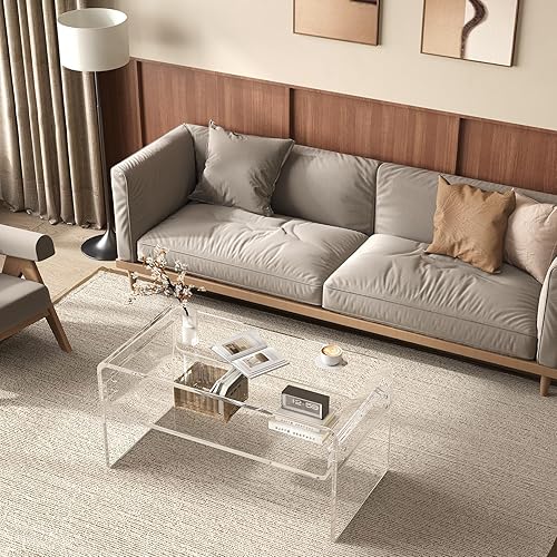 Miniatura 5 de Mesa auxiliar acrílica de 2 niveles, mesa auxiliar con estante de almacenamiento, mesa central moderna para sala de estar, oficina, dormitorio,