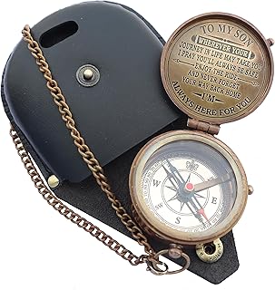 MADSNIIB Brass Engraved Nautical Compass with Leather Case, Antique Gift for Birthday, Wedding, Anniversary, Christmas, Valentine, Portable Compass for Hiking (to My Son Engraved Antique Compass)