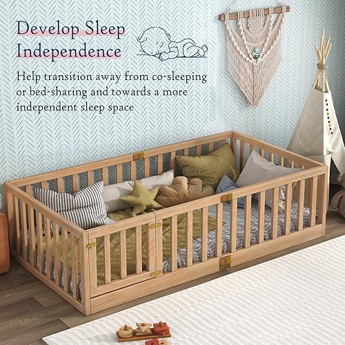 Miniatura 39 de Tatub Cama Montessori de suelo individual con rieles altos, marco de cama Montessori de madera maciza para niños, la entrada se puede instalar a