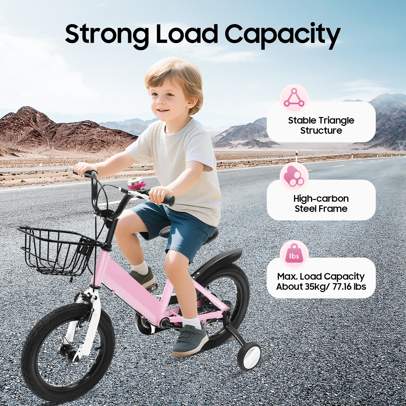 Bicicleta infantil de 14 pulgadas, con ruedines, cesta y borlas para el manillar en color rosa, para niñas y niños a partir de 3-5 años, manillar y asiento ajustables en altura, freno delantero