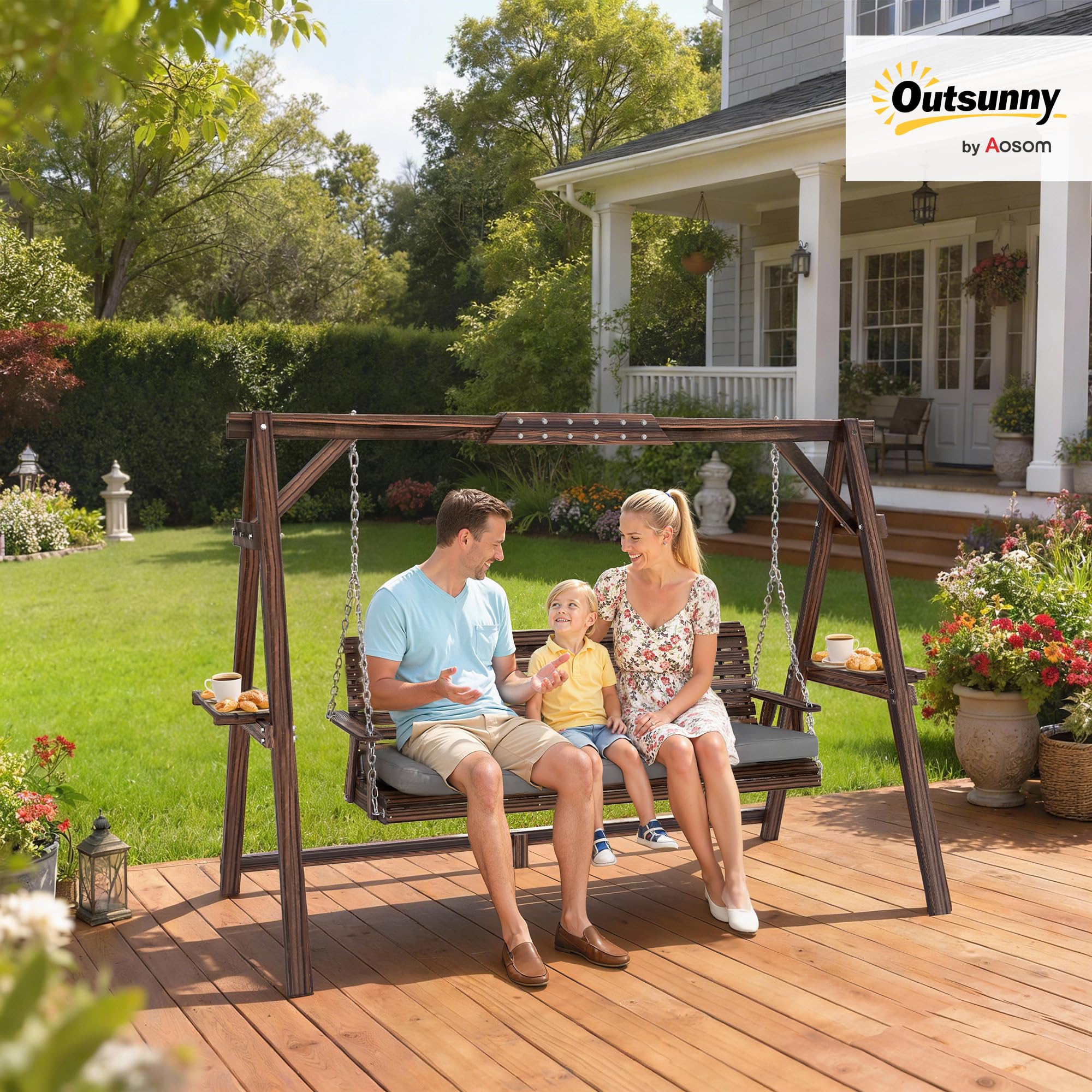 Outsunny Dondolo Hollywood, altalena da giardino a 3 posti, in legno, con cuscino, portata fino a 330 kg, per giardino, terrazza, 243 x 134 x 170 cm, carbonizzato