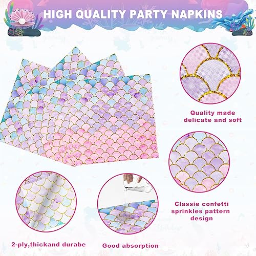Miniatura 3 de 120 servilletas de fiesta con escamas de sirena, papel de 2 capas, 13 x 13 pulgadas, suministros para fiesta de cumpleaños de sirena