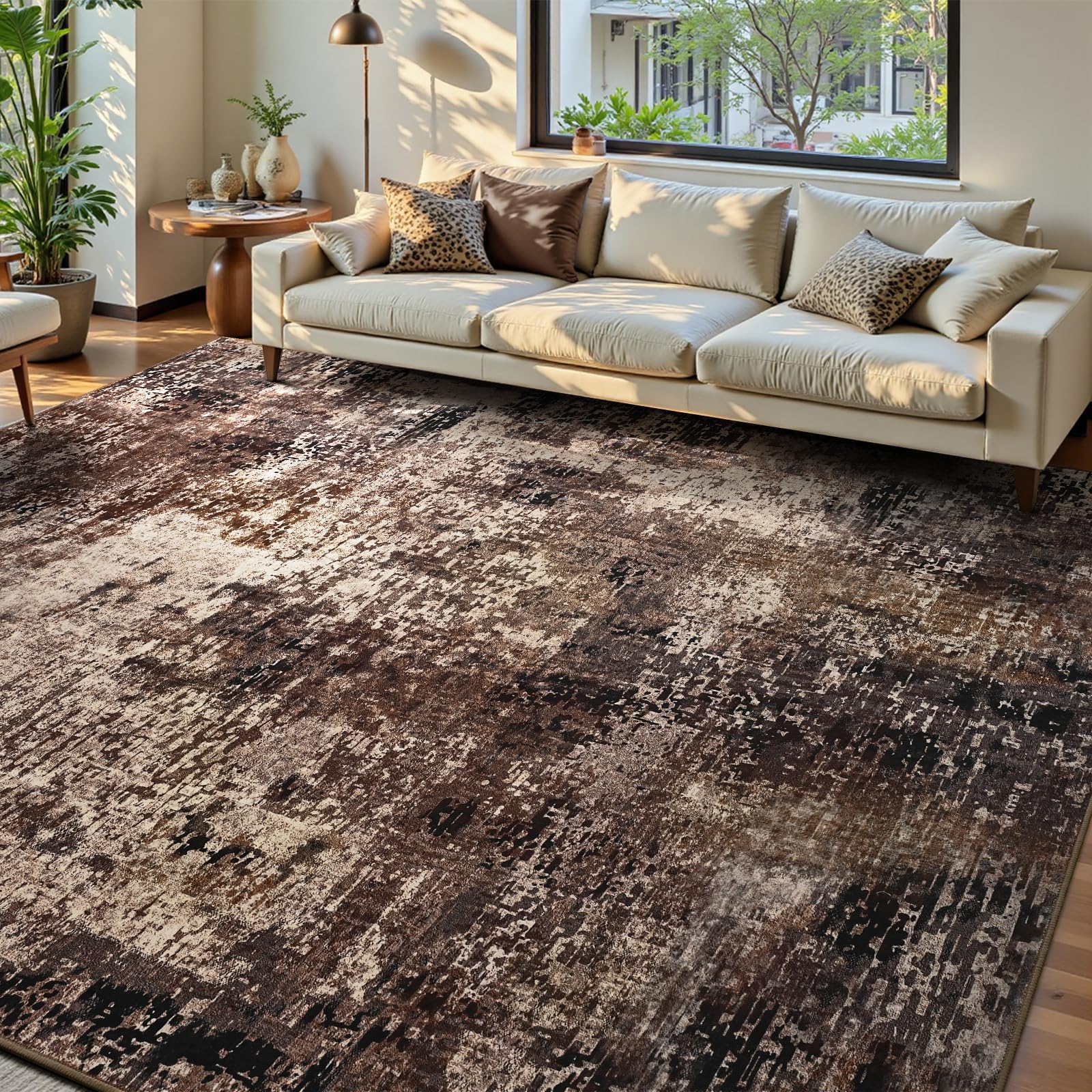 Ompaa Living Room Rug 6x9 Brown Area Rug Machine Washable Boho Coffee Rug Non Slip Abstract Vintage Indoor Large Rugs for Bedroom, Classroom, College