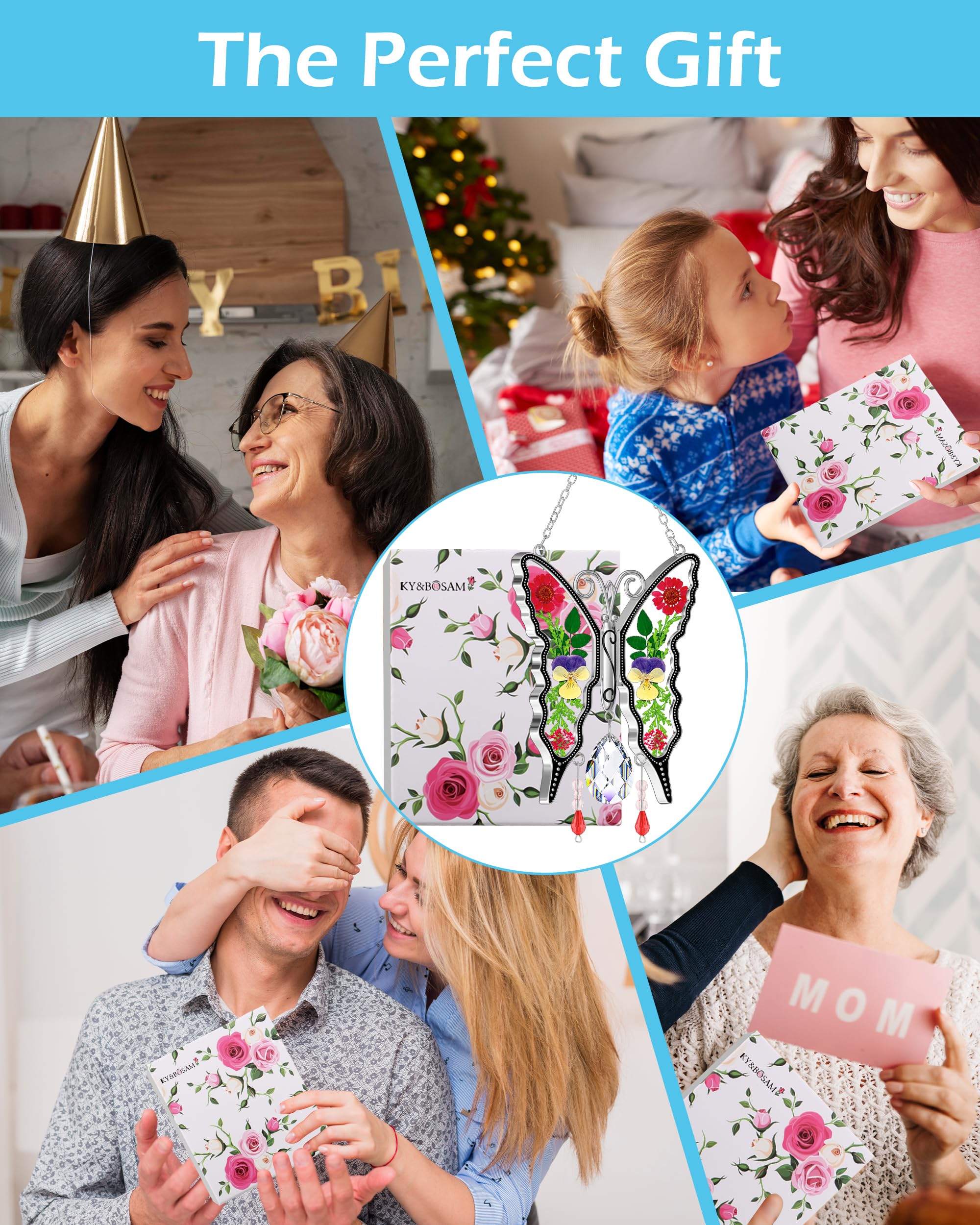 KY&BOSAM Atrapasueños de Mariposa, Regalo de Cristal para el día de la Madre, Regalo para mamá, atrapasueños de vidrieras, Adorno Colgante de Campanilla de Viento para Ventana, Regalo de mamá, día de