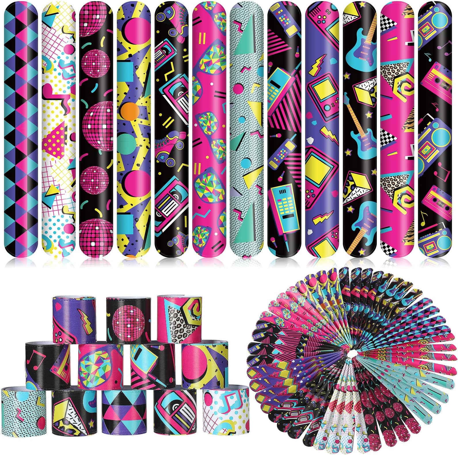 Sosation60 Pcs 80s 90s Party Slap Bracelets Favors Decorations Slap Wristbands Retro Theme Bracelet Snap Bands Snap Bracelets for Adults Throwback Party (Retro Style)