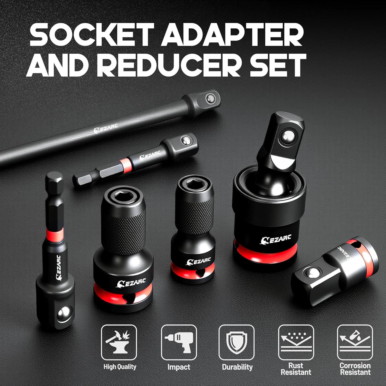 EZARC 21PCS Impact Socket Adapter Set, Includes CR-MO Universal Swivel Socket Set, CR-MO Impact Couplers, CR-V Reducers, CR-V Hex Extension Bits, Square Drive Sockets, 1/4", 3/8", 1/2" Drive