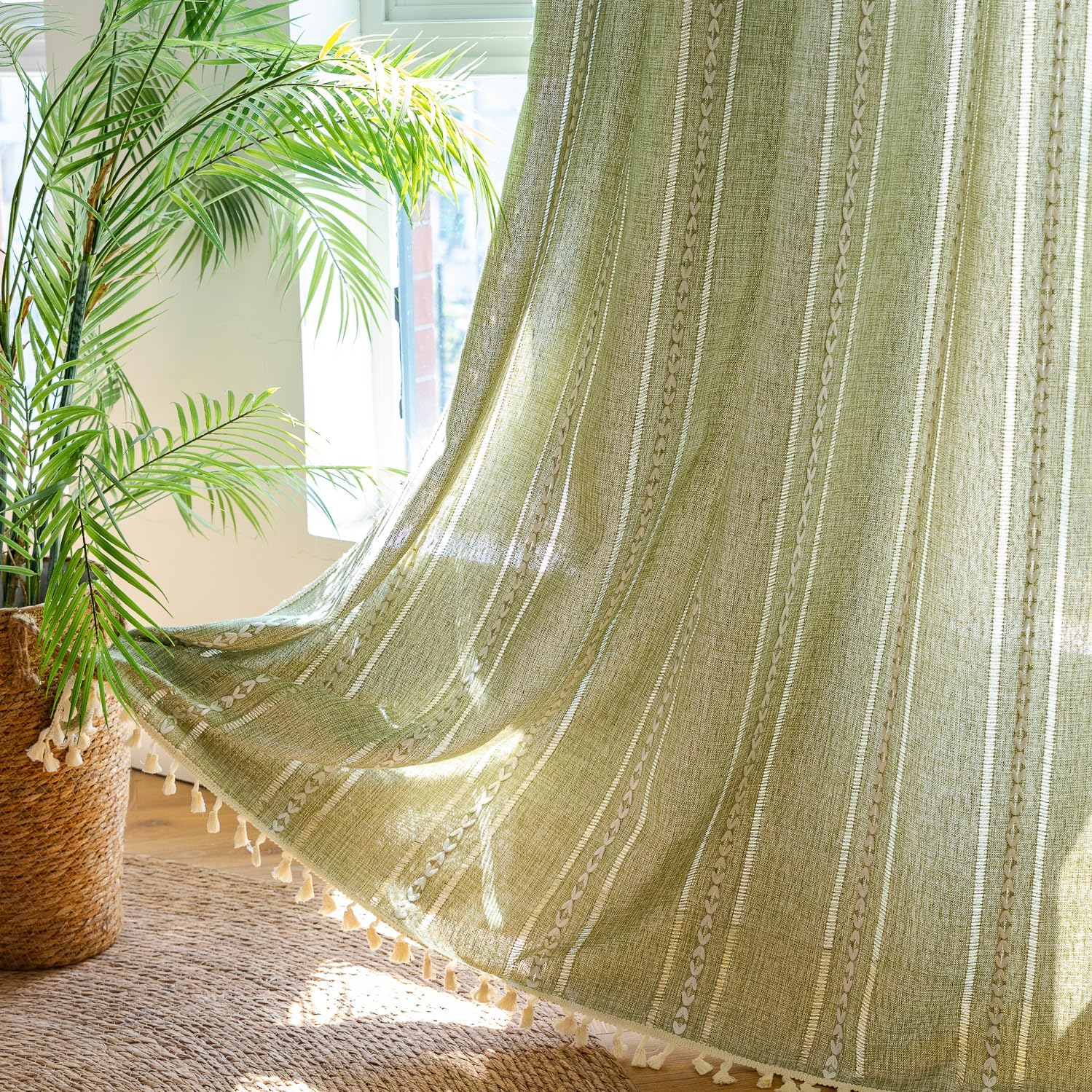 Deeprove Green Boho Linen Curtains 72 inches Length for