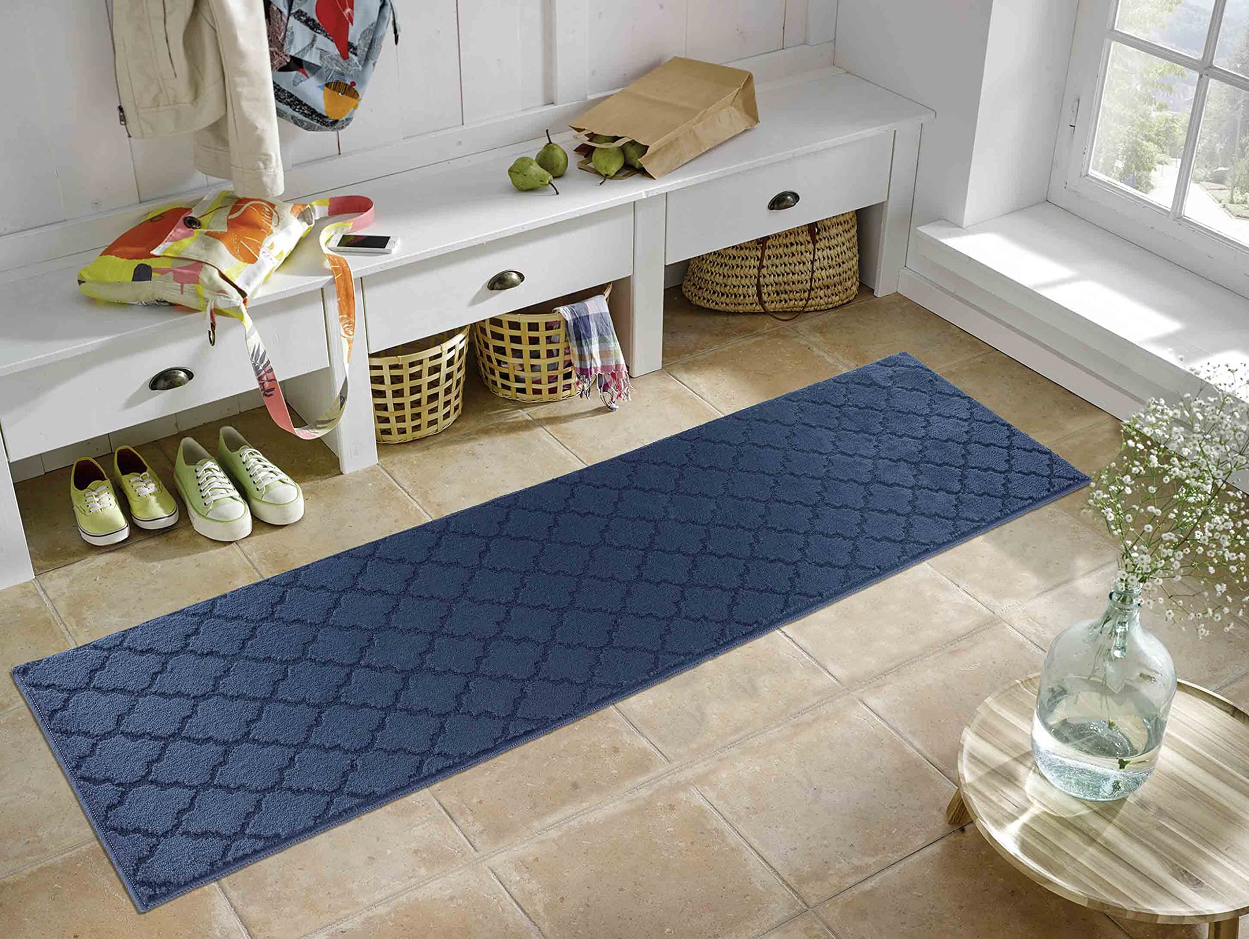 IVY Washable Door Mat Kitchen Mats Non Slip Trellis Design Kitchen & Hall Runners Doormats, Navy, 60x220 cm