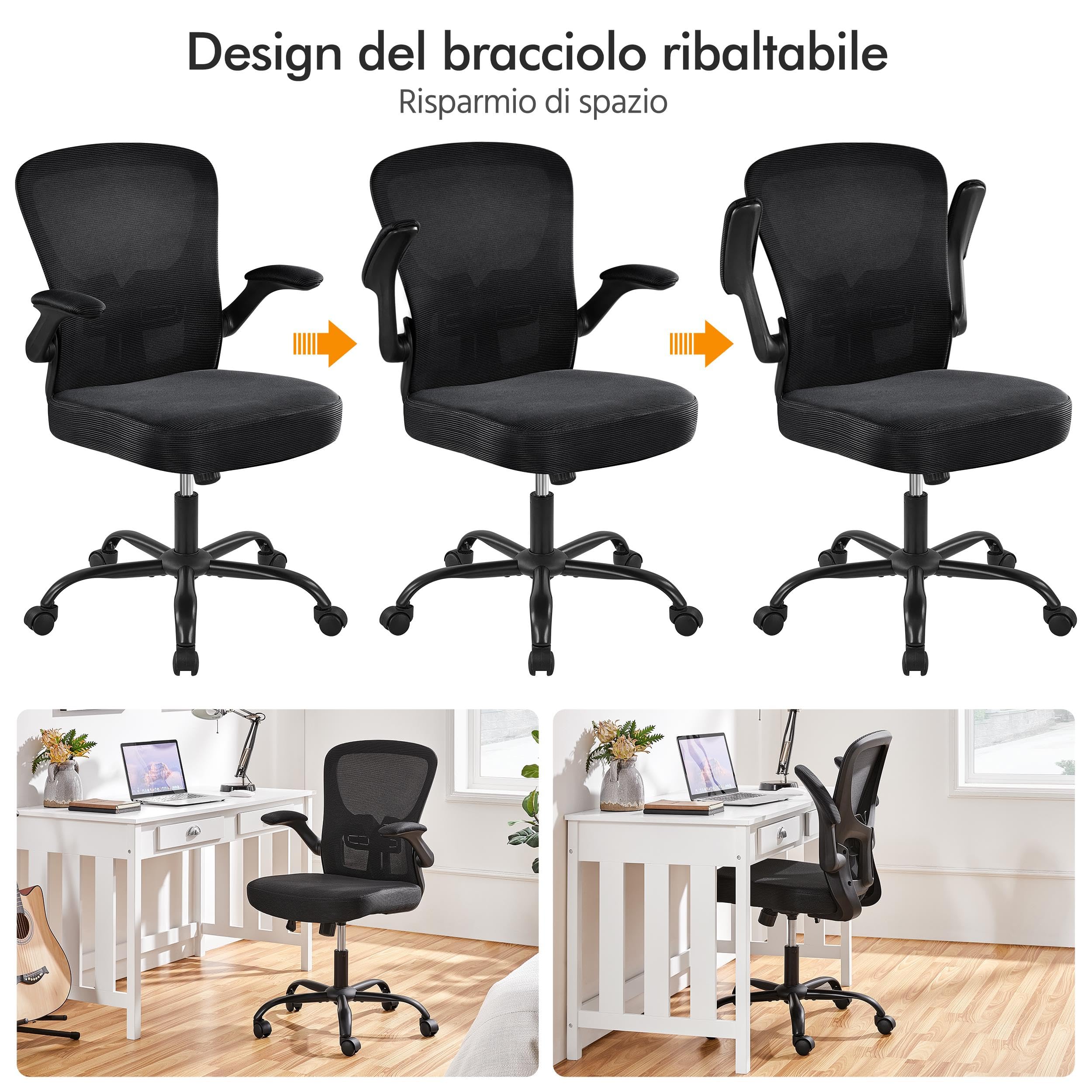 Sedia da Ufficio con Supporto Lombare, Sedia Scrivania Ergonomica con Braccioli Regolabili in Rete Traspirante, Altezza Regolabile e Schienale Inclinabile con Ruote Girevoli Nero